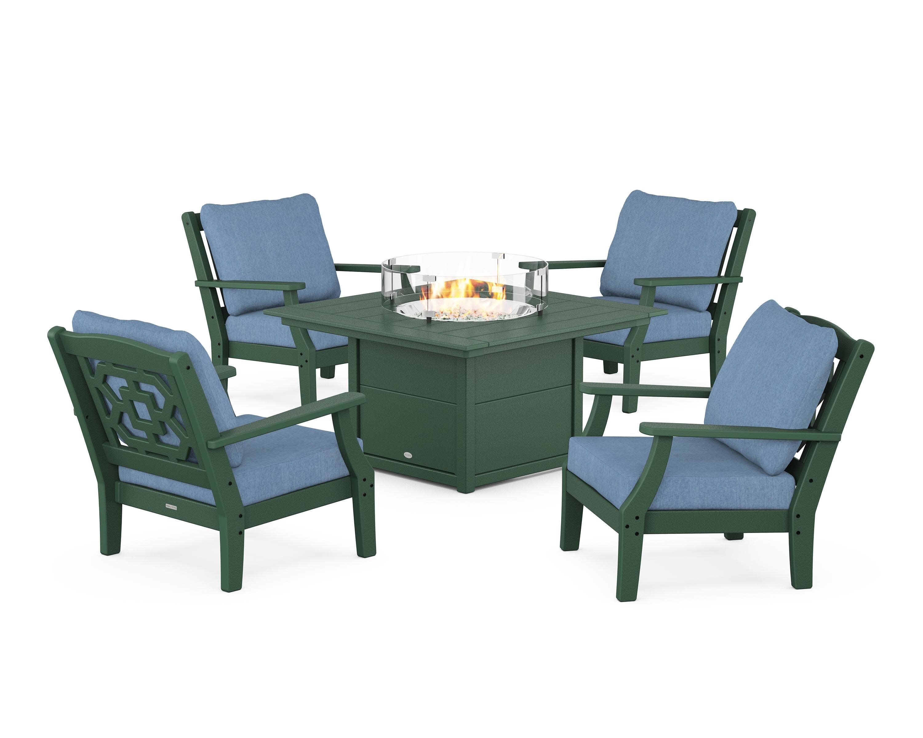 Chinoiserie 5-Piece Deep Seating Set with Fire Pit Table in Green / Sky Blue