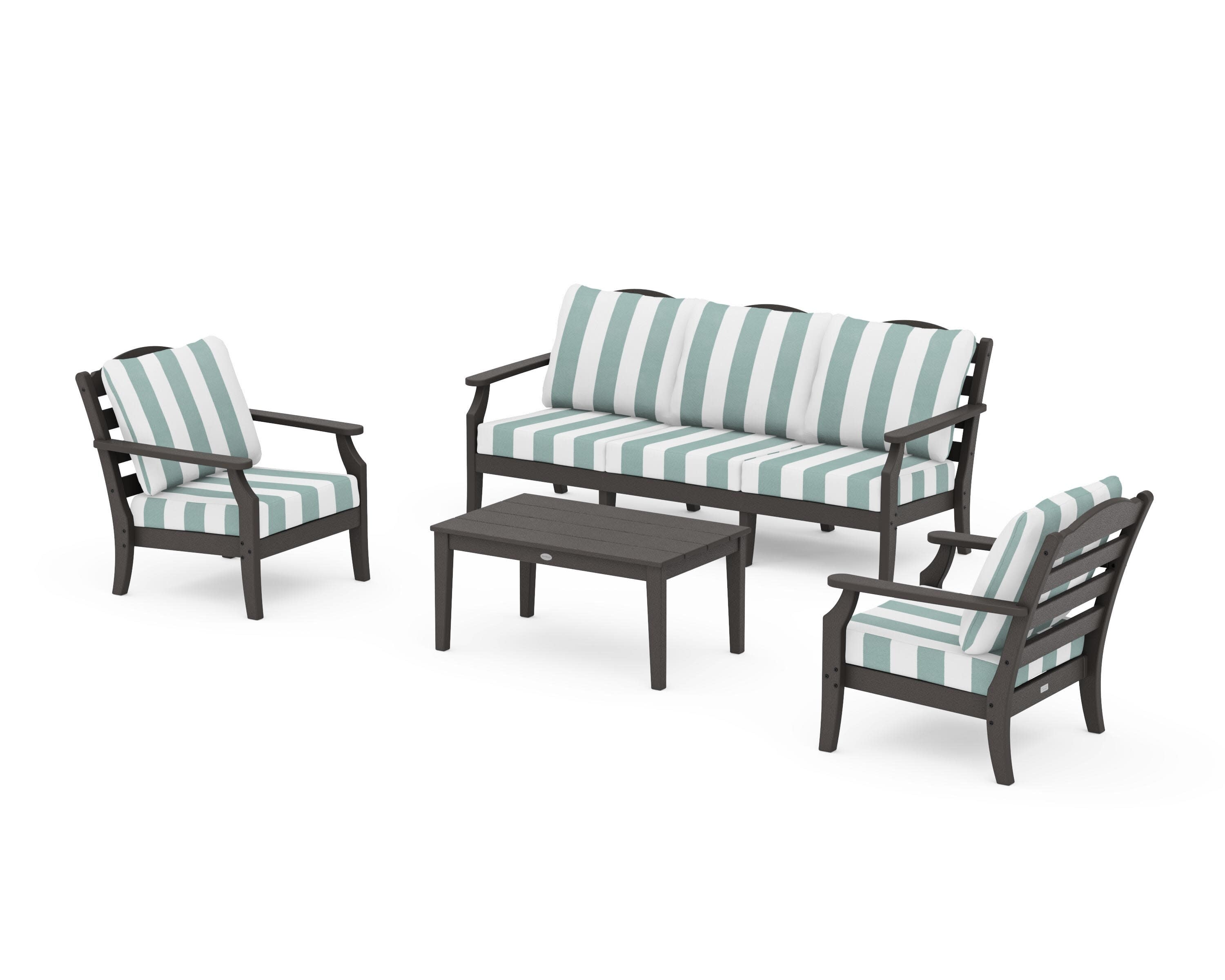 Savannah 4-Piece Deep Seating Set with Sofa in Vintage Coffee / Cabana Stripe Glacier Spa