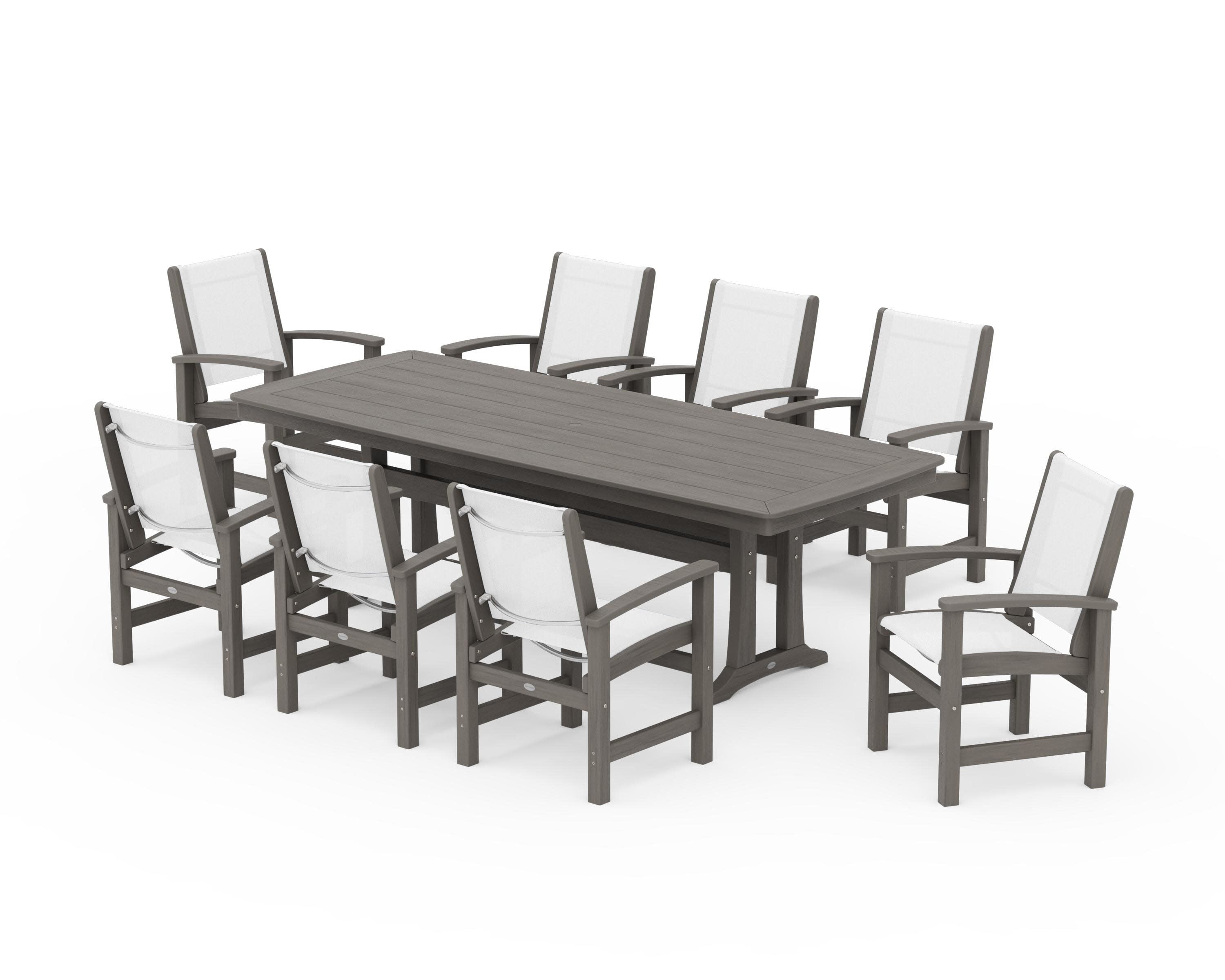 Coastal 9-Piece Dining Set with Trestle Legs in Driftwood / White Sling