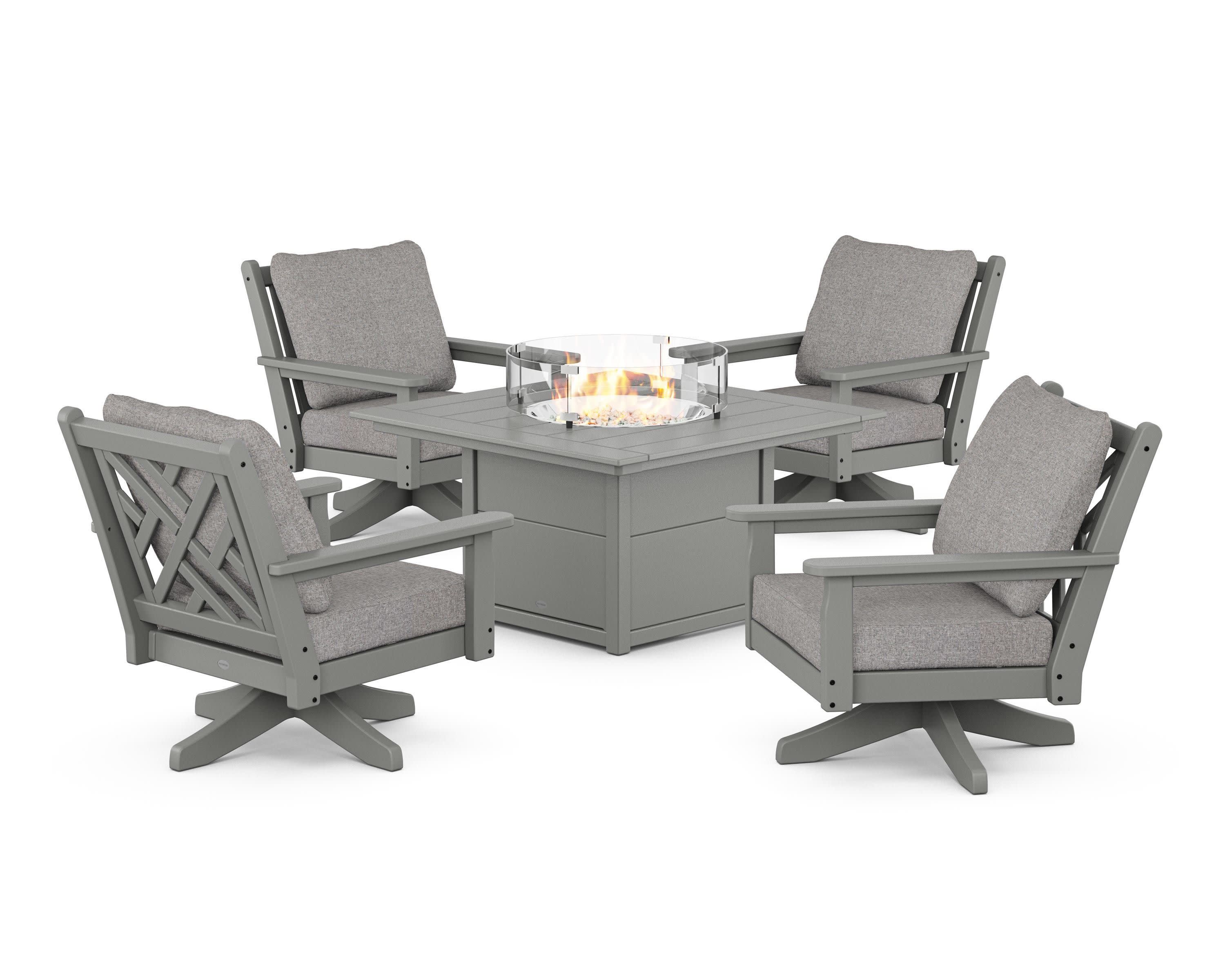 Chippendale 5-Piece Deep Seating Swivel Conversation Set with Fire Pit Table in Slate Grey / Grey Mist