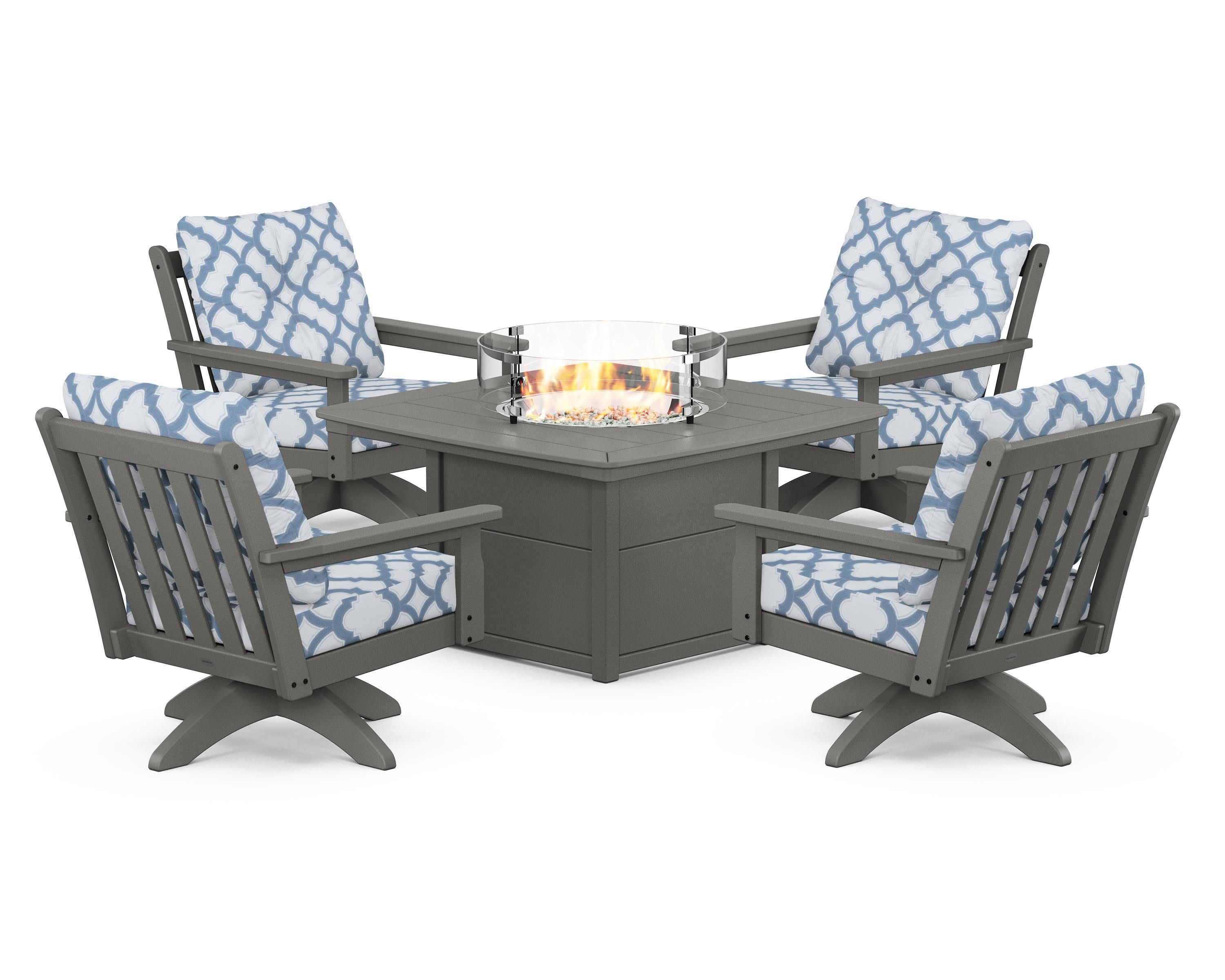 Vineyard 5-Piece Deep Seating Swivel Conversation Set with Fire Pit Table in Slate Grey / Trellis Sky Blue
