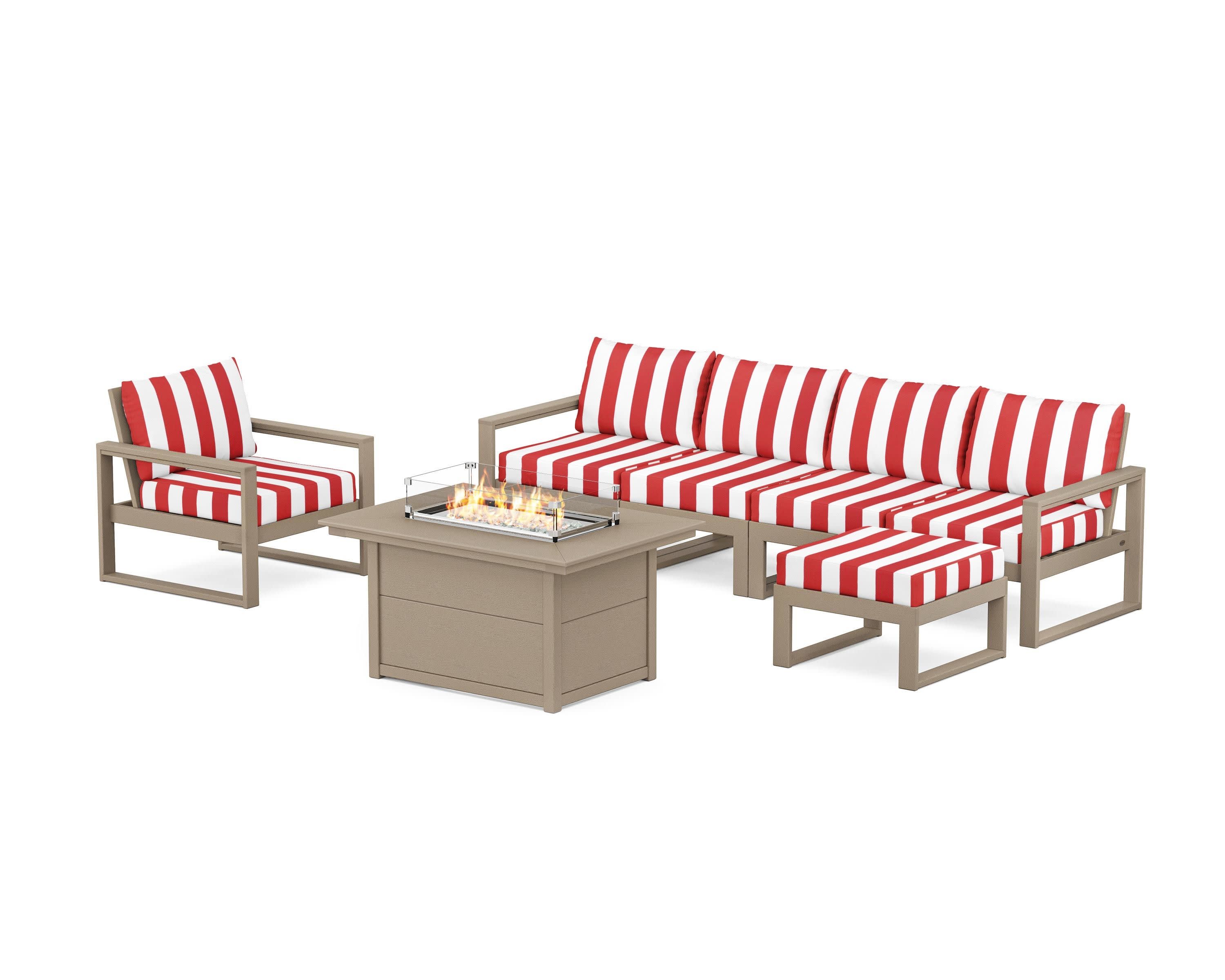 EDGE Sectional Lounge and Fire Pit Set in Vintage Sahara / Cabana Stripe Crimson