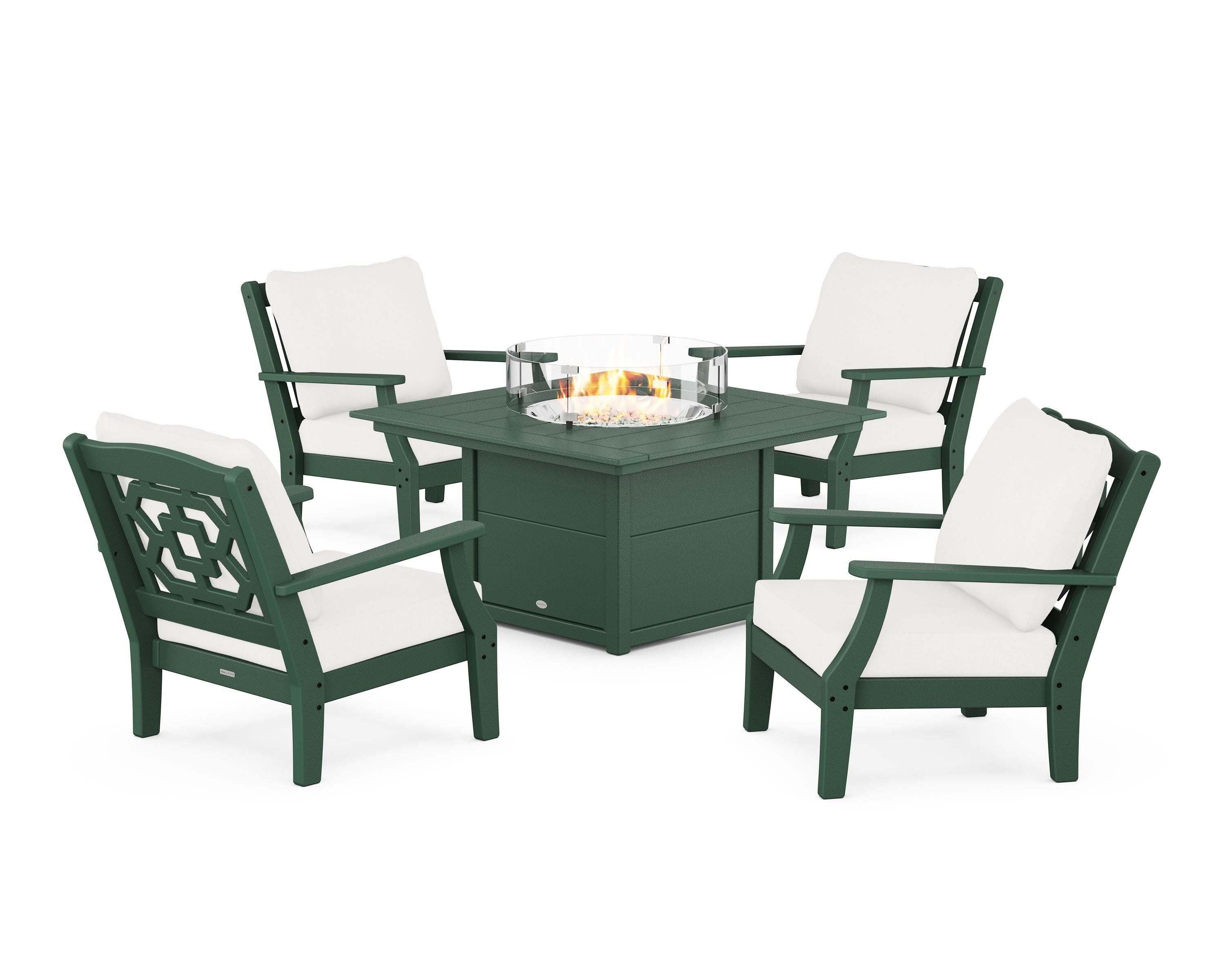 Chinoiserie 5-Piece Deep Seating Set with Fire Pit Table in Green / Natural Linen