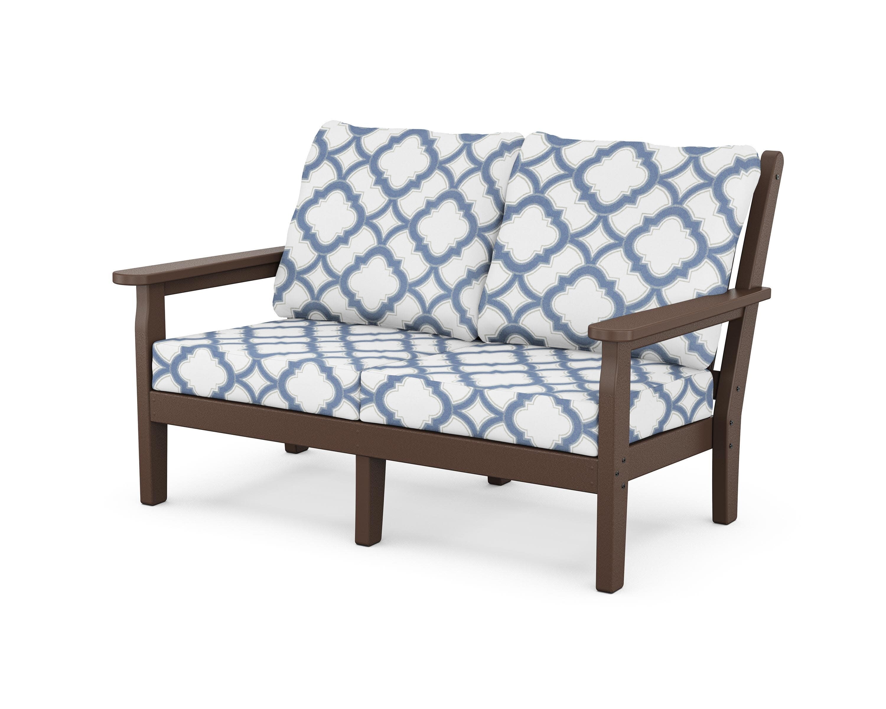 Chippendale Deep Seating Loveseat in Mahogany / Trellis Sky Blue