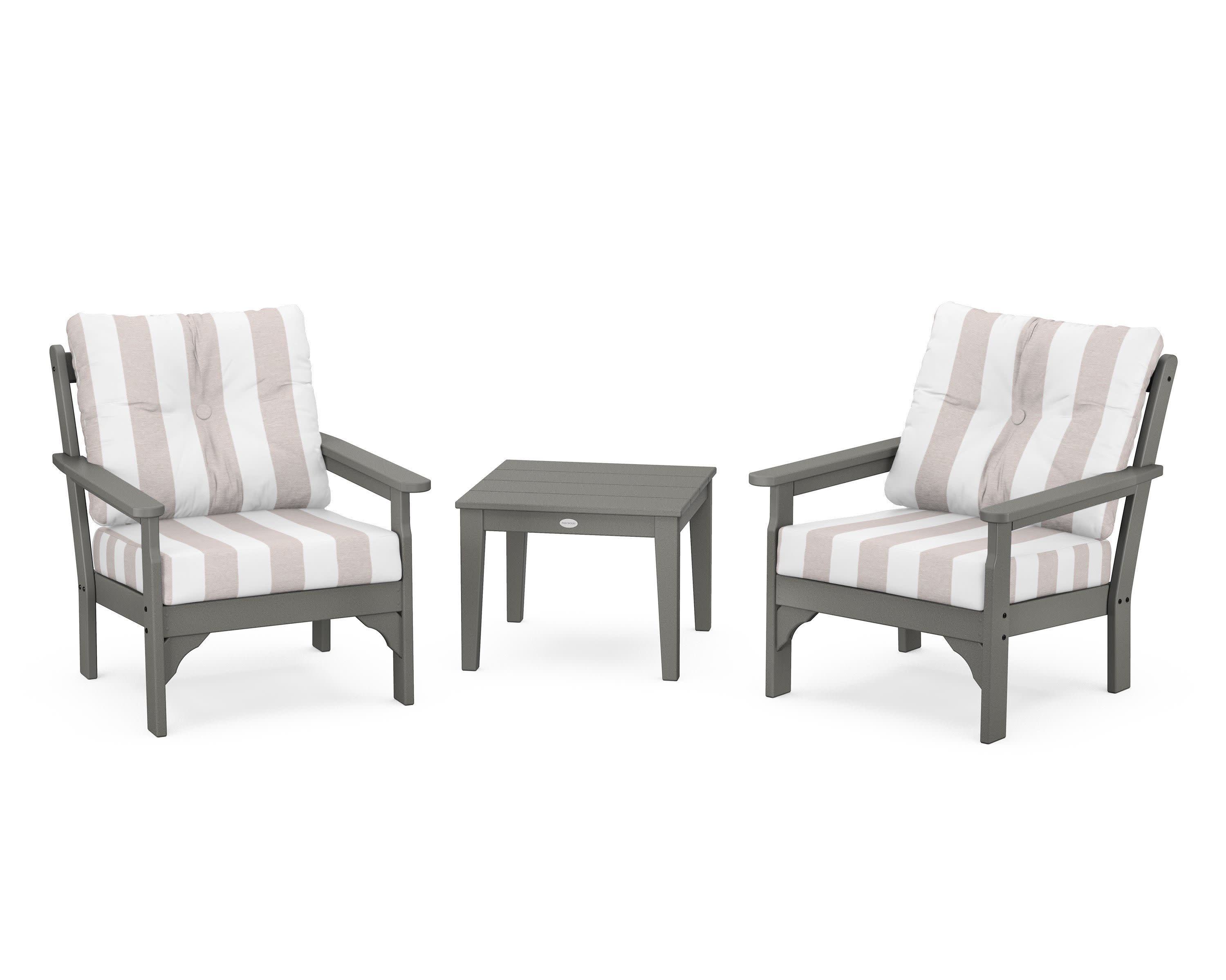 Vineyard 3-Piece Deep Seating Set in Slate Grey / Cabana Stripe Dune Burlap