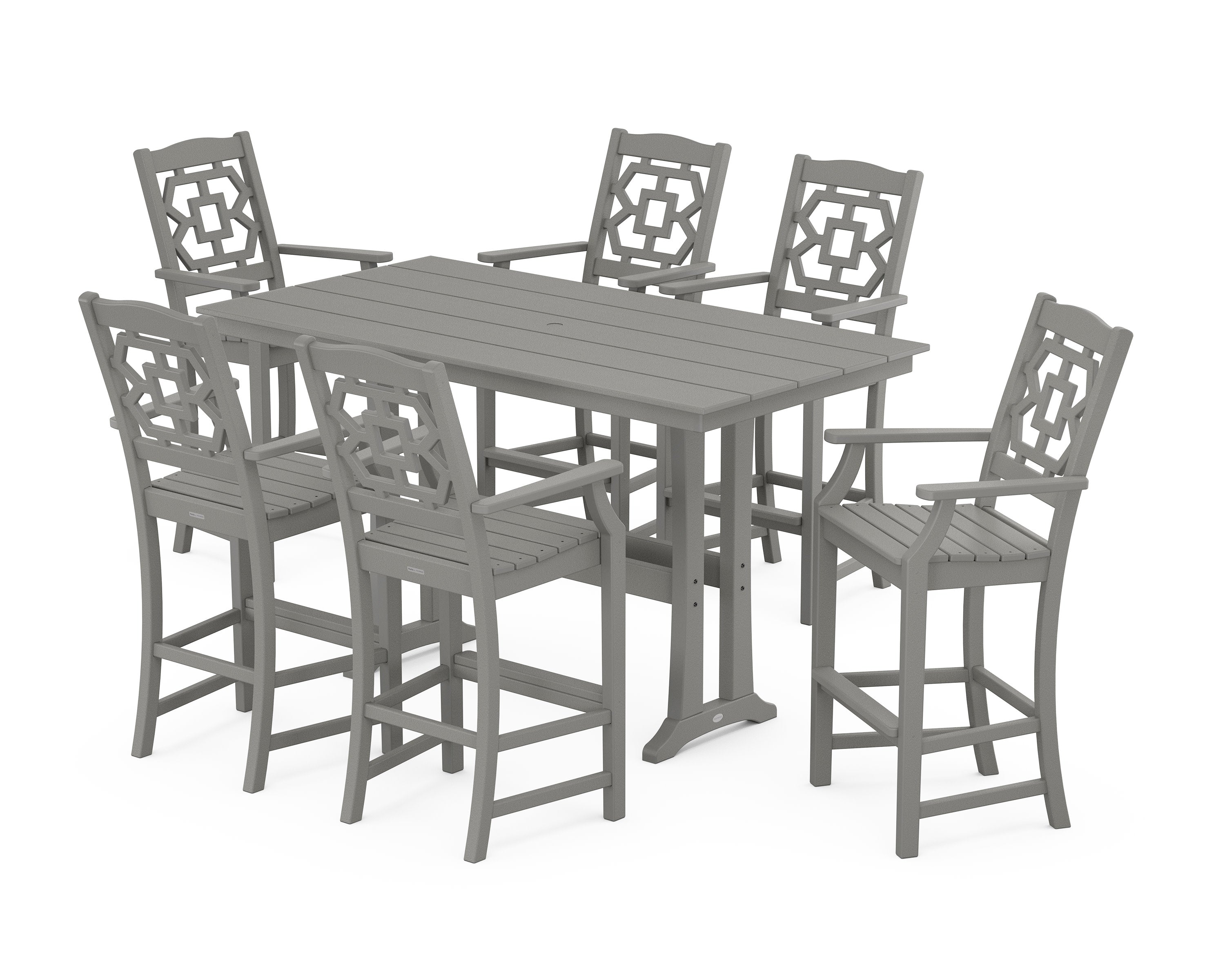Chinoiserie Arm Chair 7-Piece Farmhouse Bar Set with Trestle Legs in Slate Grey