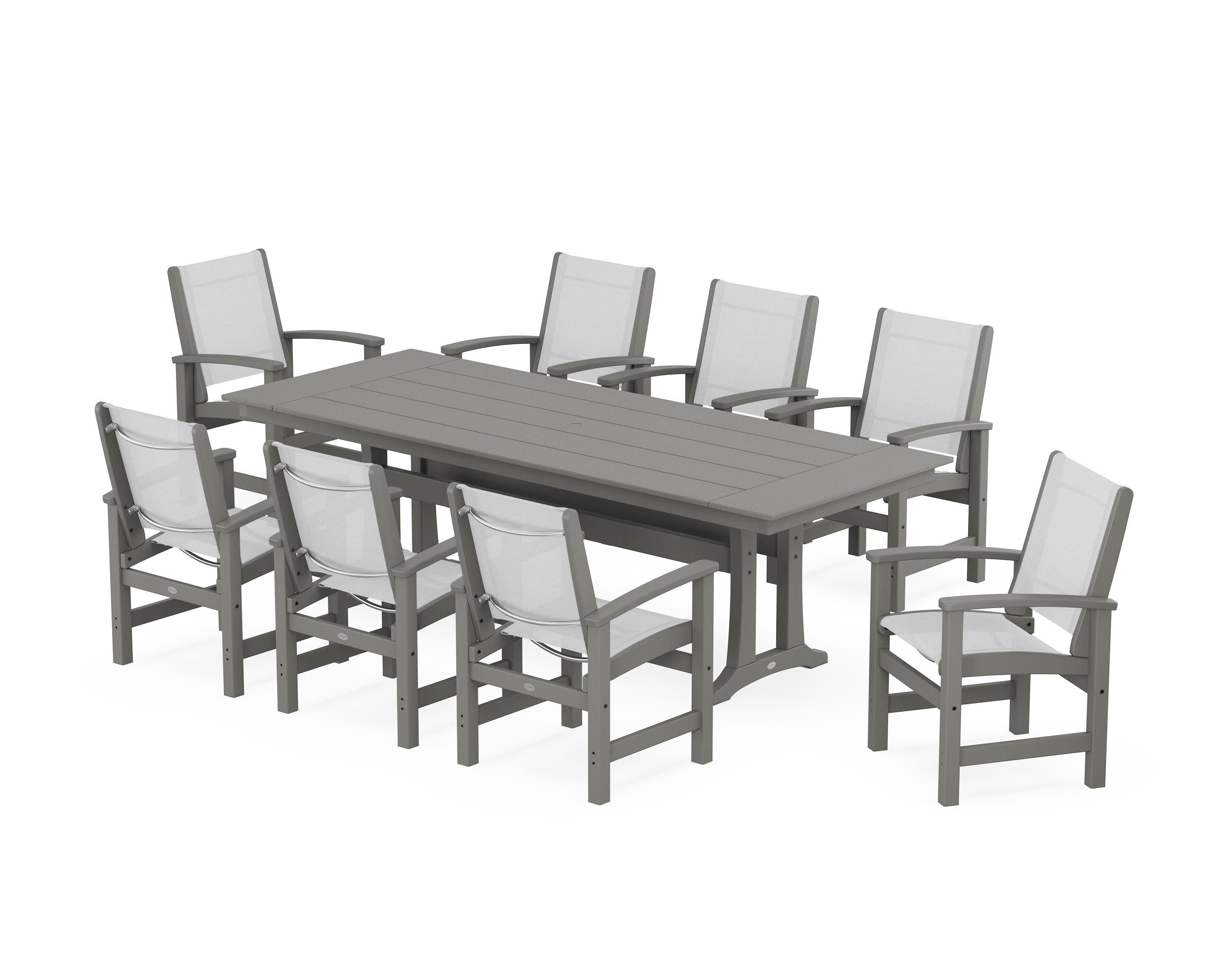 Coastal 9-Piece Farmhouse Dining Set with Trestle Legs in Slate Grey / White Sling