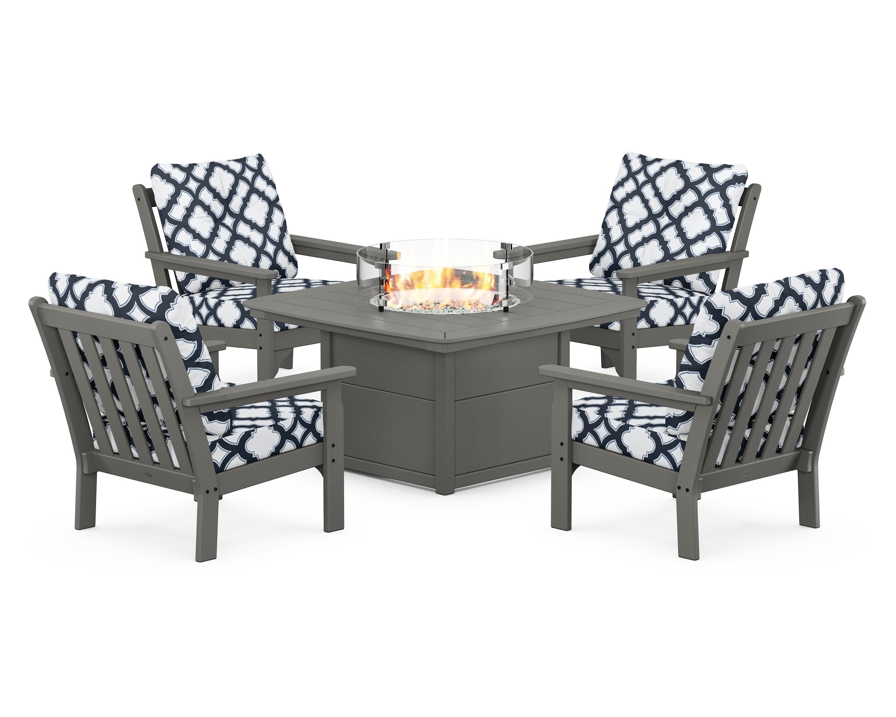 Vineyard 5-Piece Conversation Set with Fire Pit Table in Slate Grey / Trellis Marine Indigo