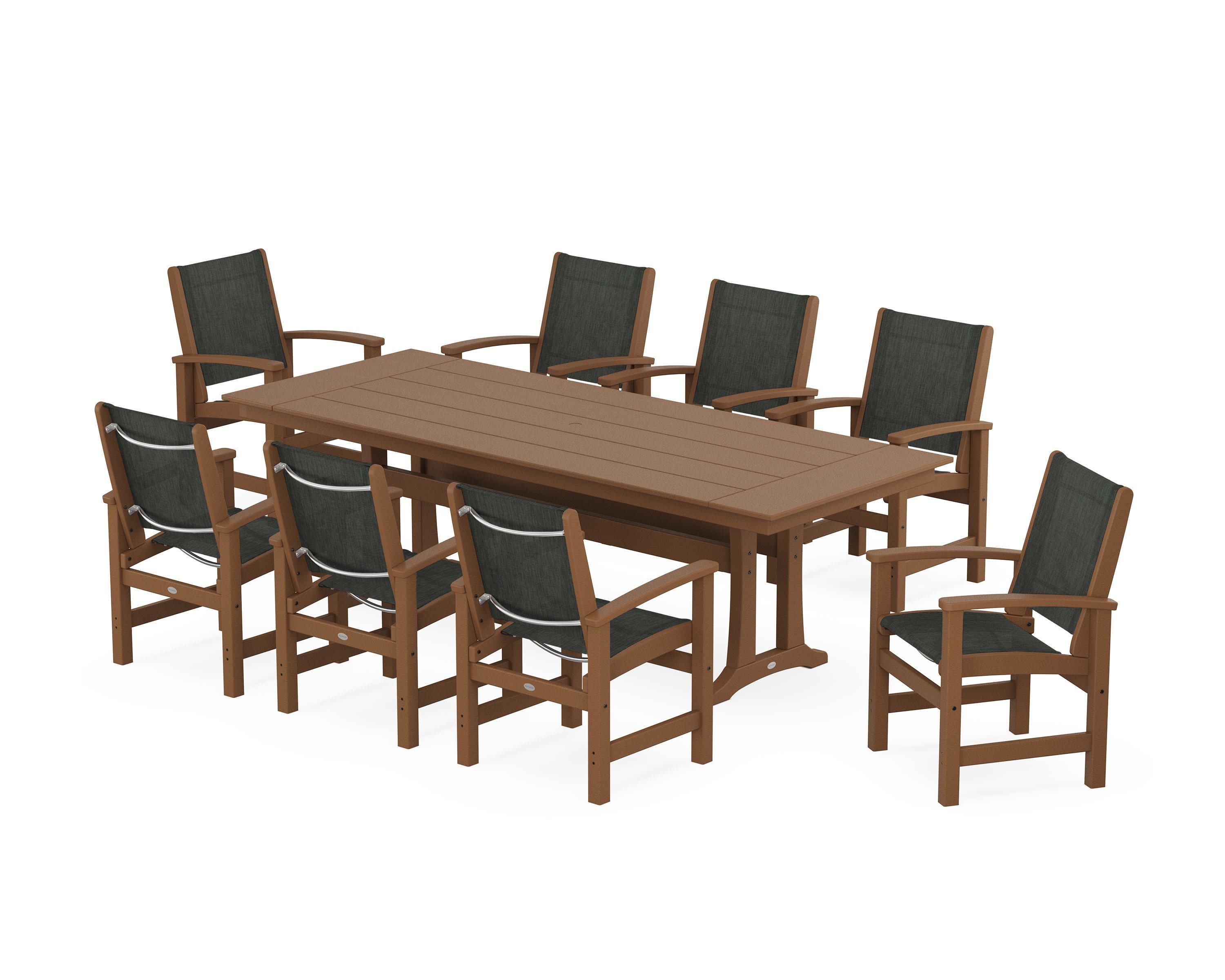 Coastal 9-Piece Farmhouse Dining Set with Trestle Legs in Teak / Ember Sling