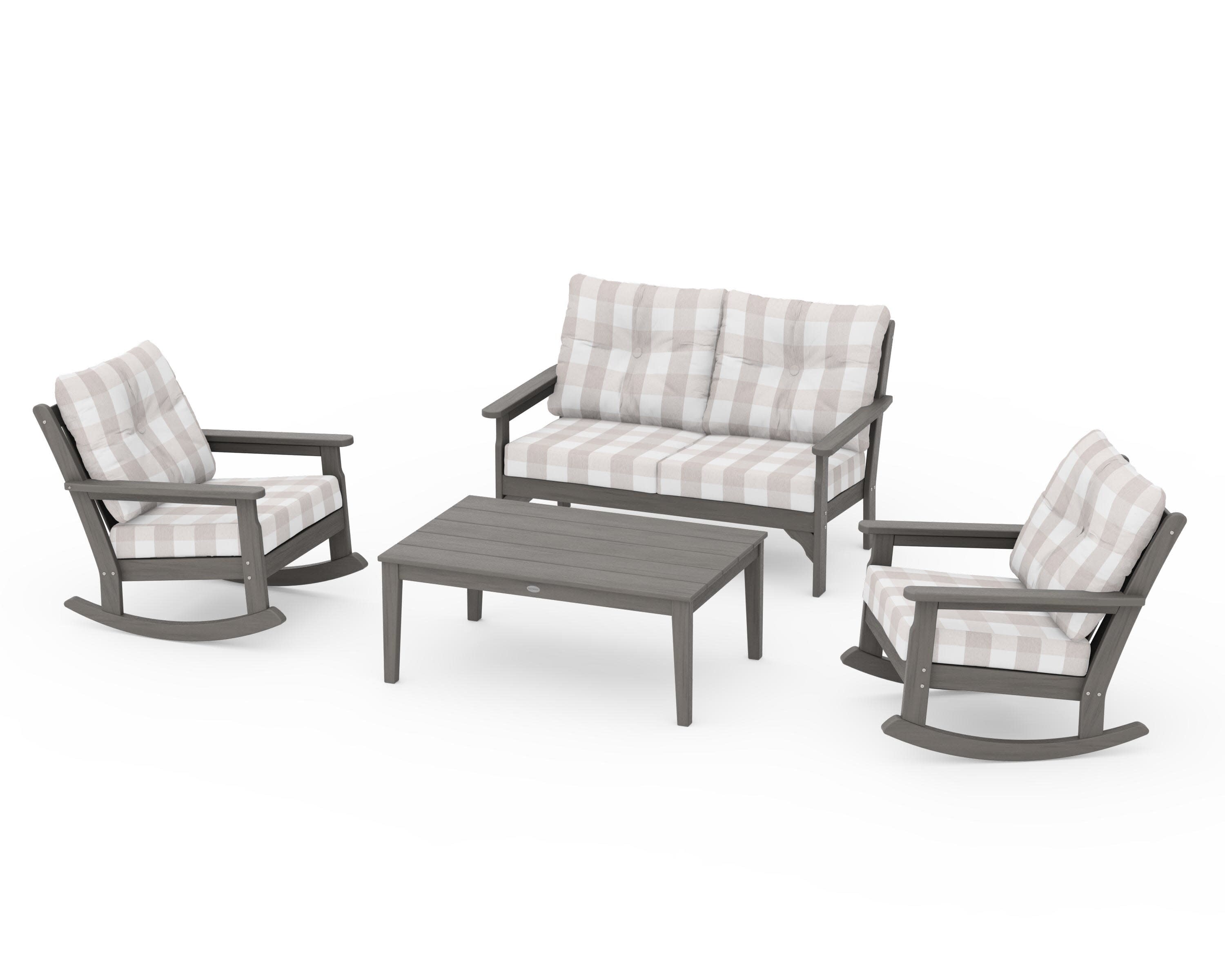 Vineyard 4-Piece Deep Seating Rocking Chair Set in Driftwood / Buffalo Plaid Dune Burlap