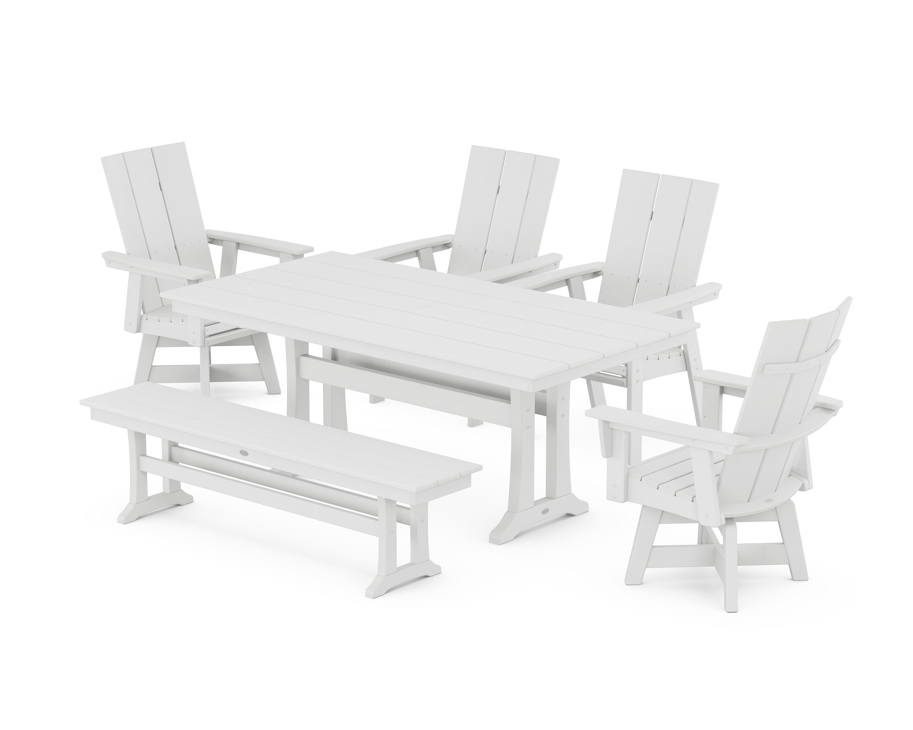 Modern Curveback Adirondack Swivel Chair 6-Piece Farmhouse Dining Set With Trestle Legs and Bench in White