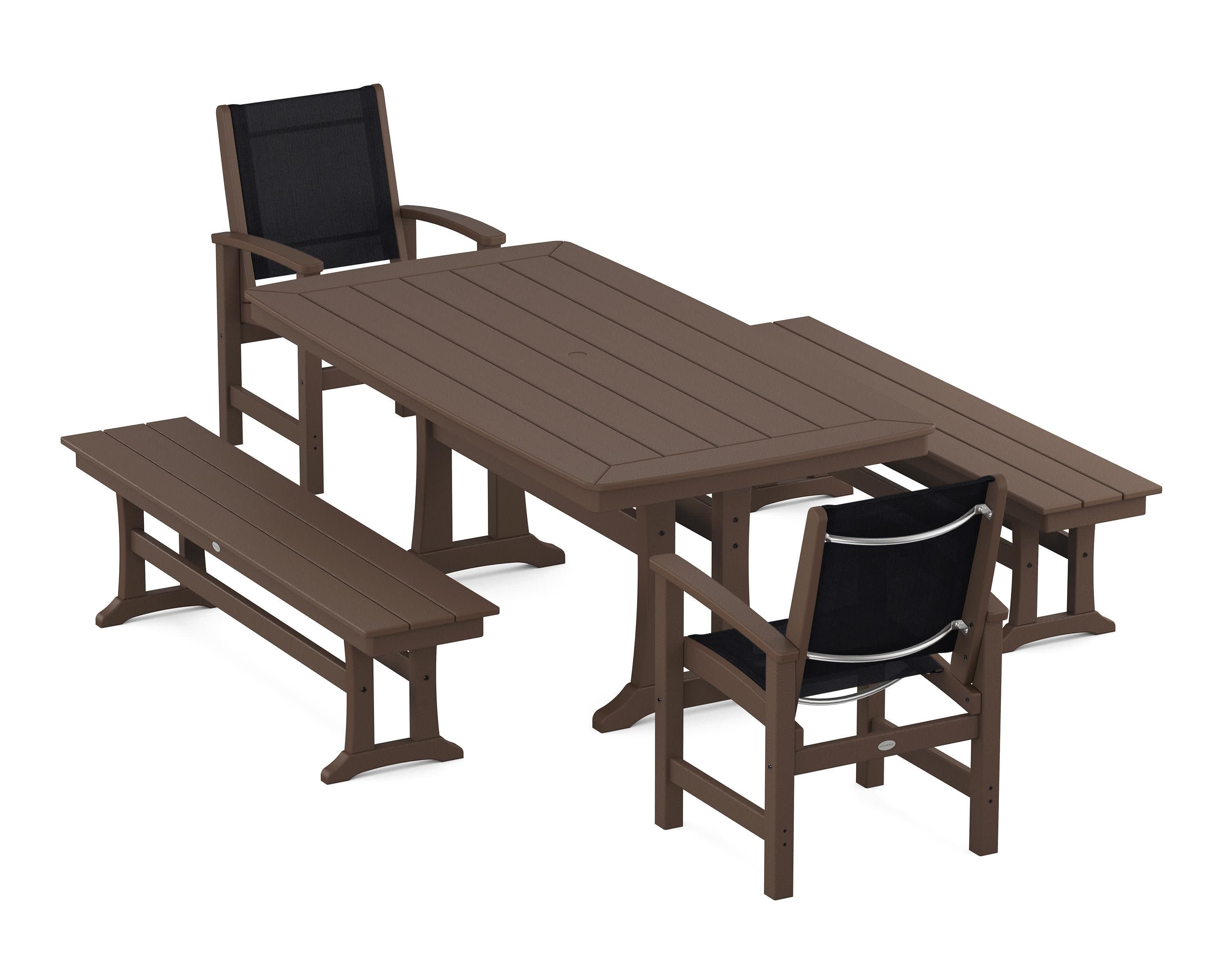 Coastal 5-Piece Dining Set with Trestle Legs and Benches in Mahogany / Black Sling