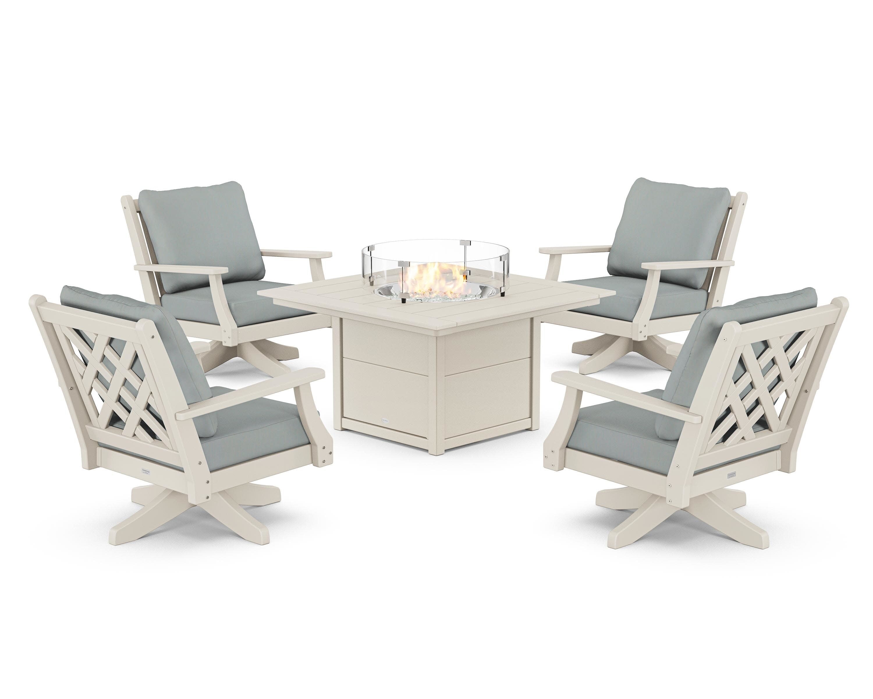 Wovendale 5-Piece Deep Seating Swivel Conversation Set with Fire Pit Table in Sand / Spa