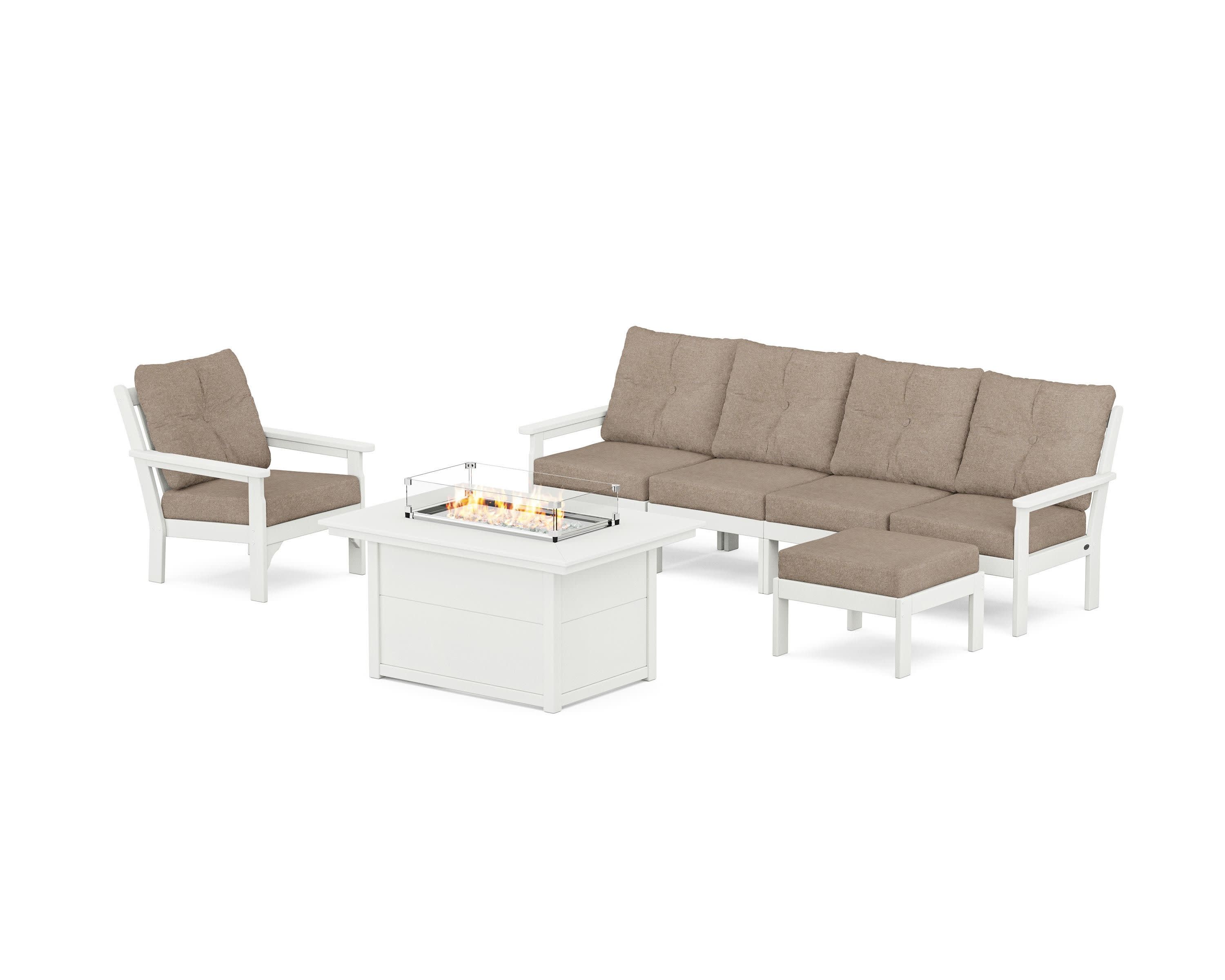 Vineyard Sectional Lounge and Fire Pit Set in Vintage White / Spiced Burlap