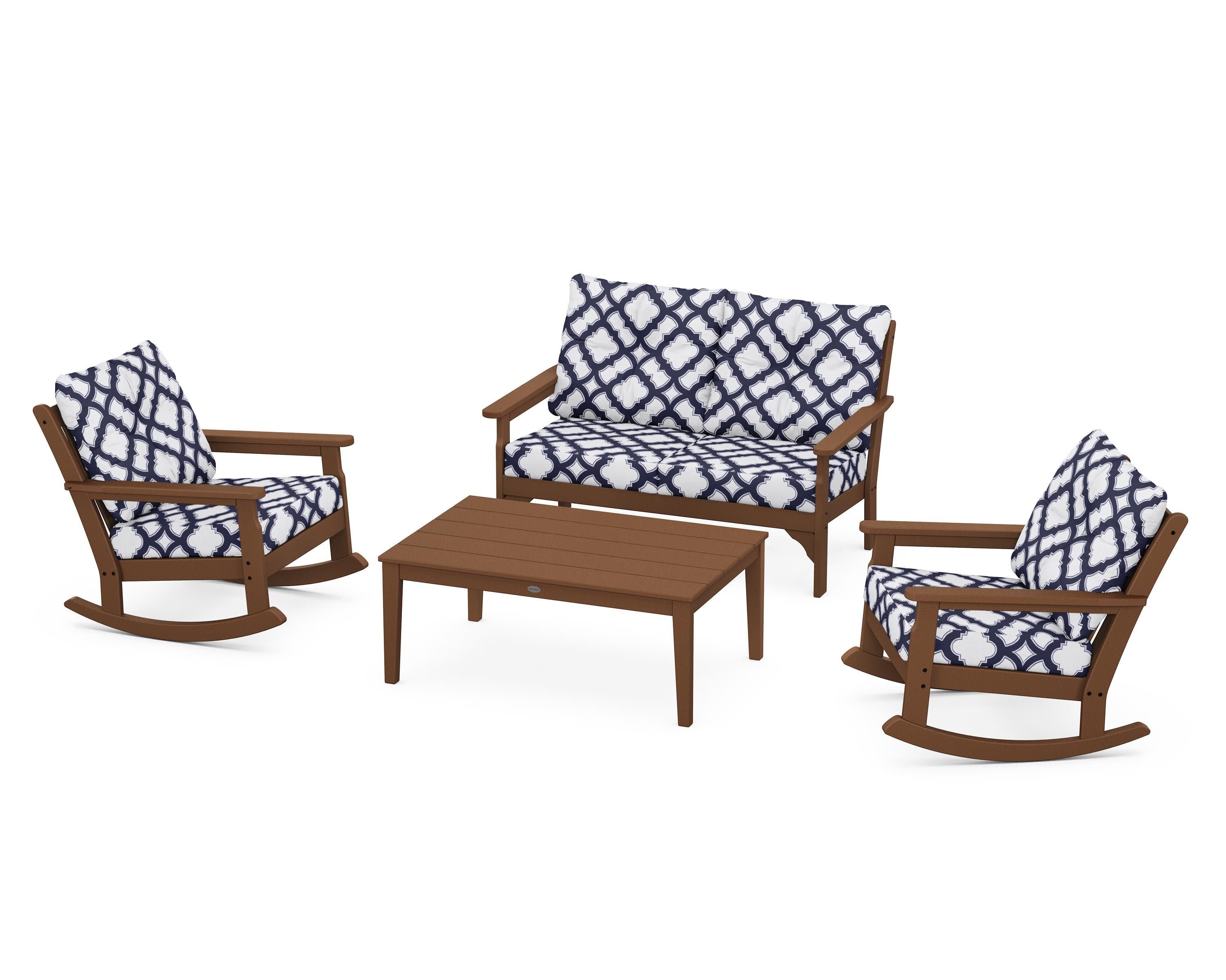 Vineyard 4-Piece Deep Seating Rocking Chair Set in Teak / Trellis Navy