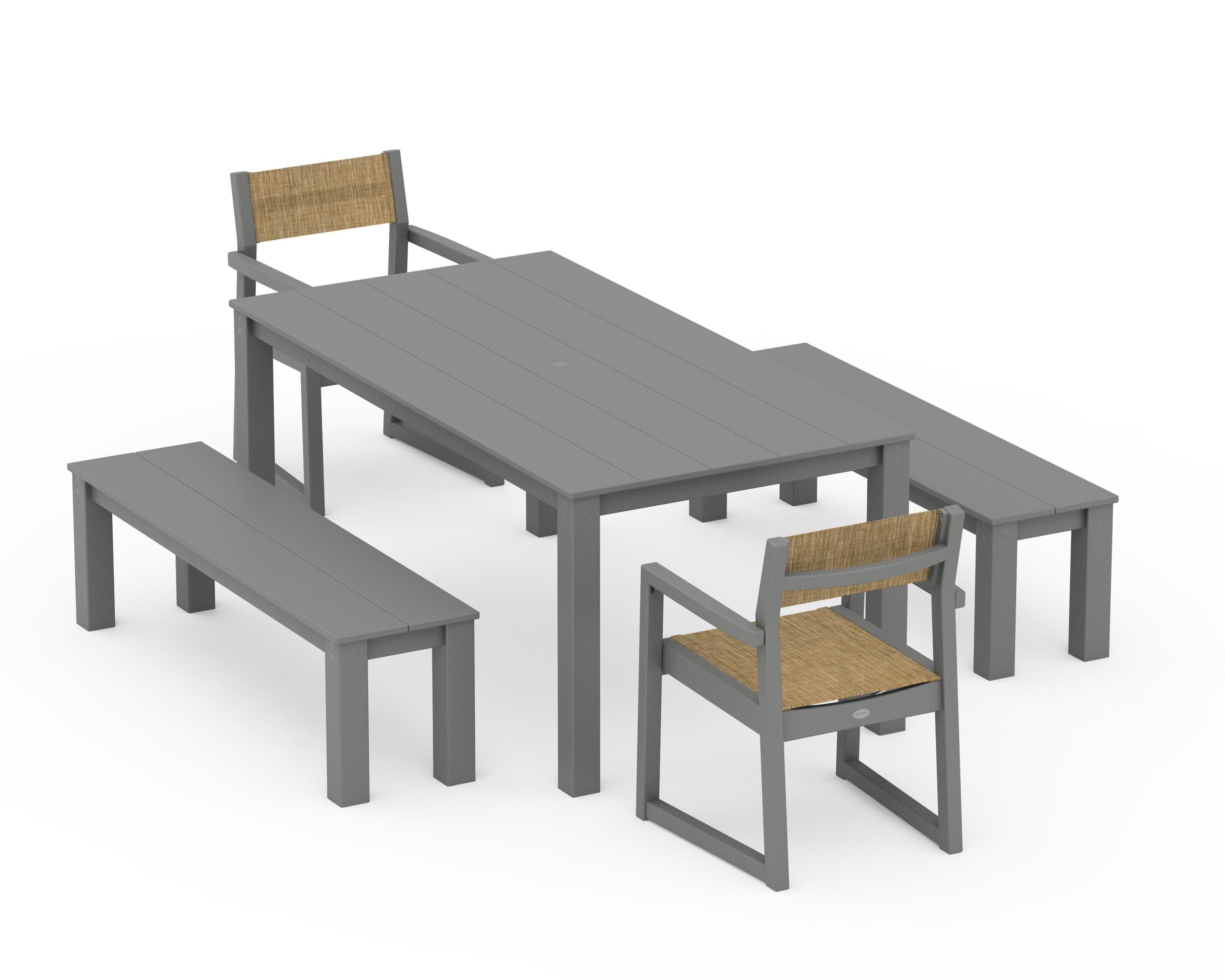 EDGE Sling Arm Chair 5-Piece Parsons Dining Set with Benches in Slate Grey / Burlap Sling