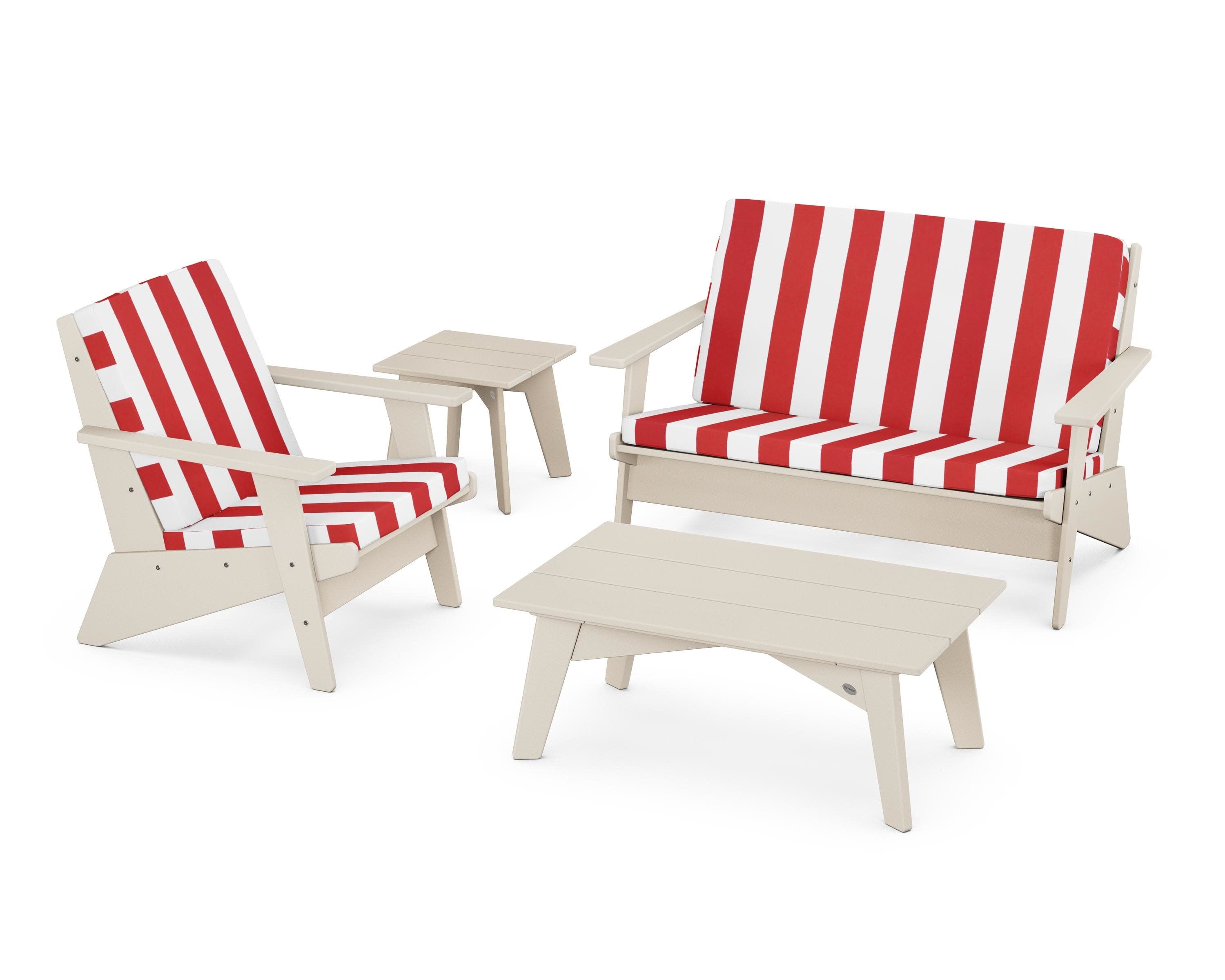 Riviera Modern Lounge 4-Piece Set in Sand / Cabana Stripe Crimson