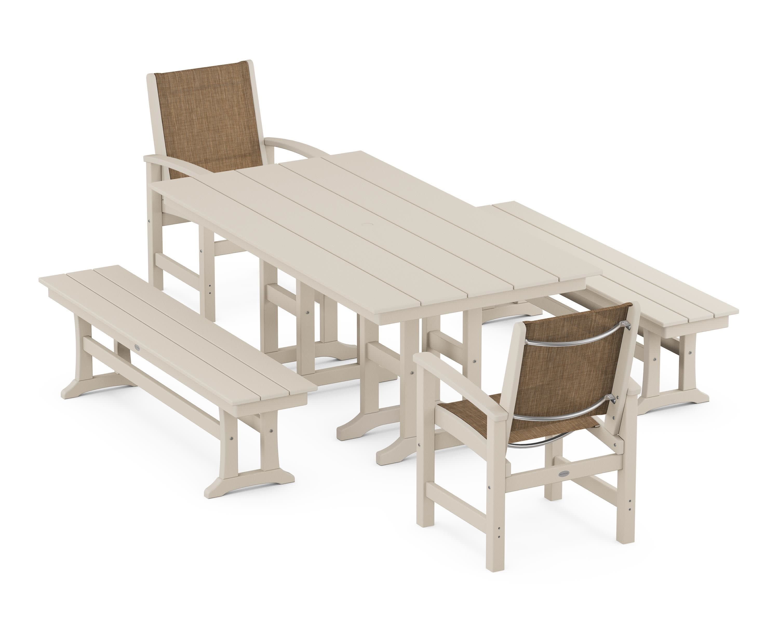 Coastal 5-Piece Farmhouse Dining Set in Sand / Burlap Sling