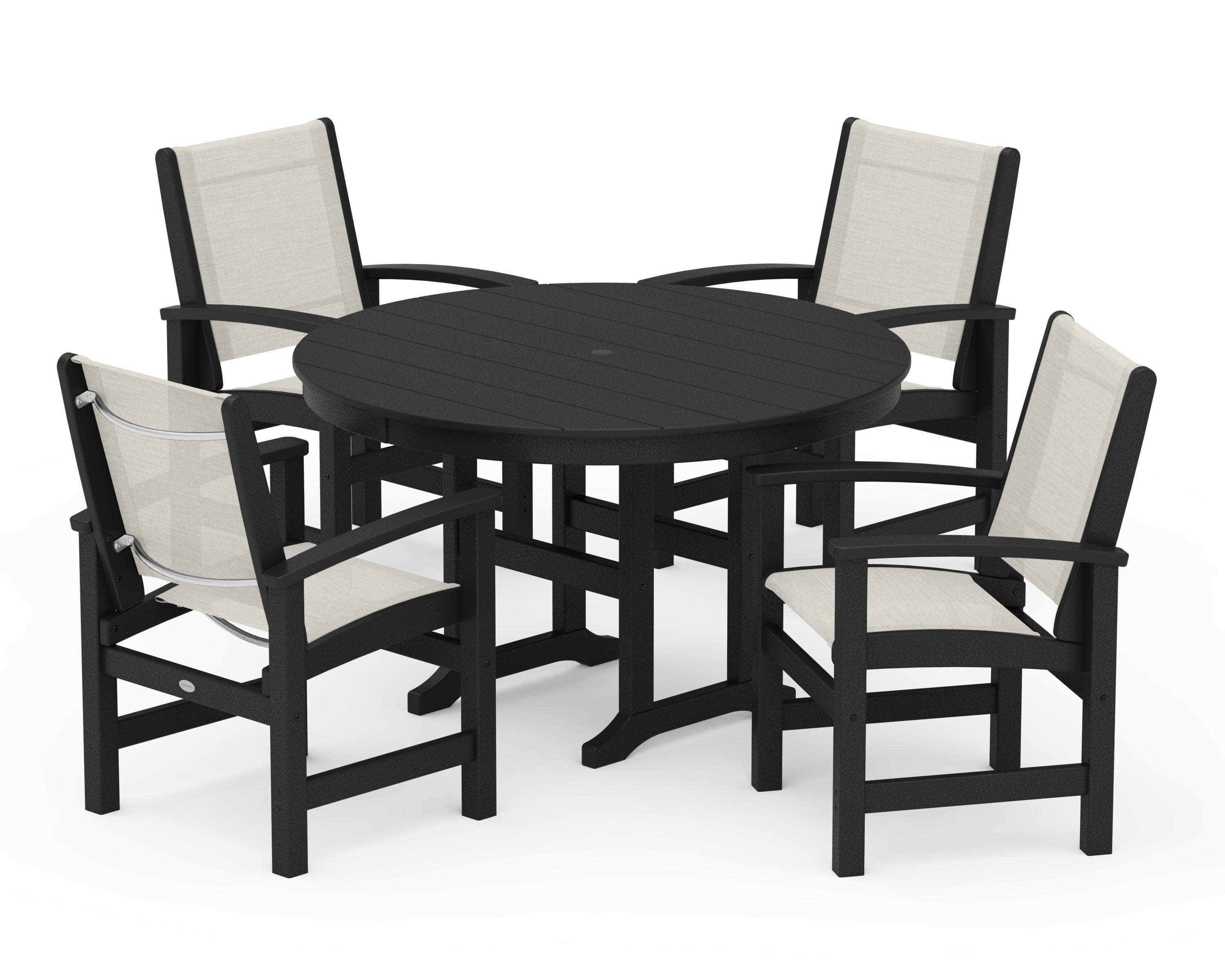 Coastal 5-Piece Round Farmhouse Dining Set in Black / Parchment Sling