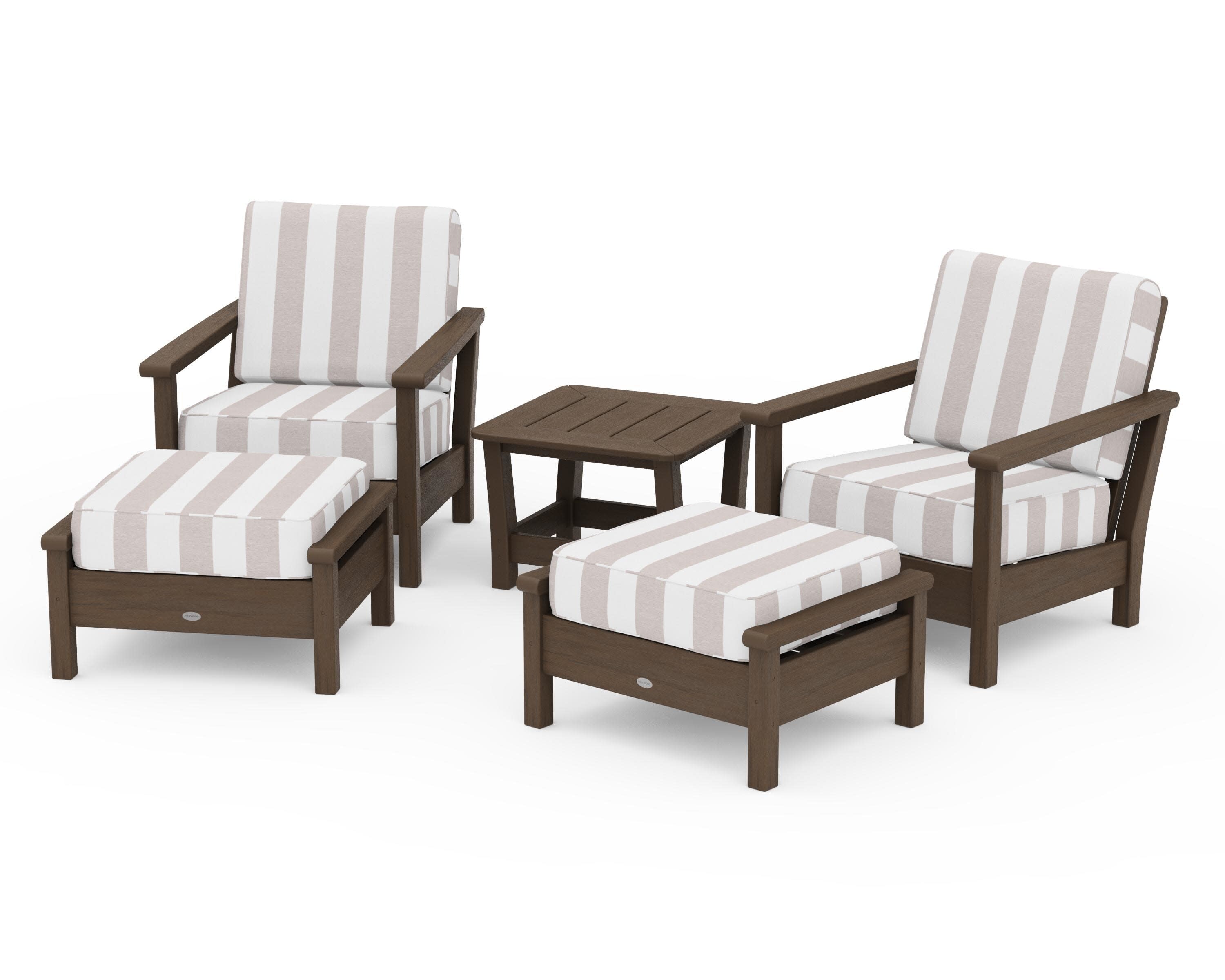 Harbour 5-Piece Deep Seating Chair Set in Kona / Cabana Stripe Dune Burlap