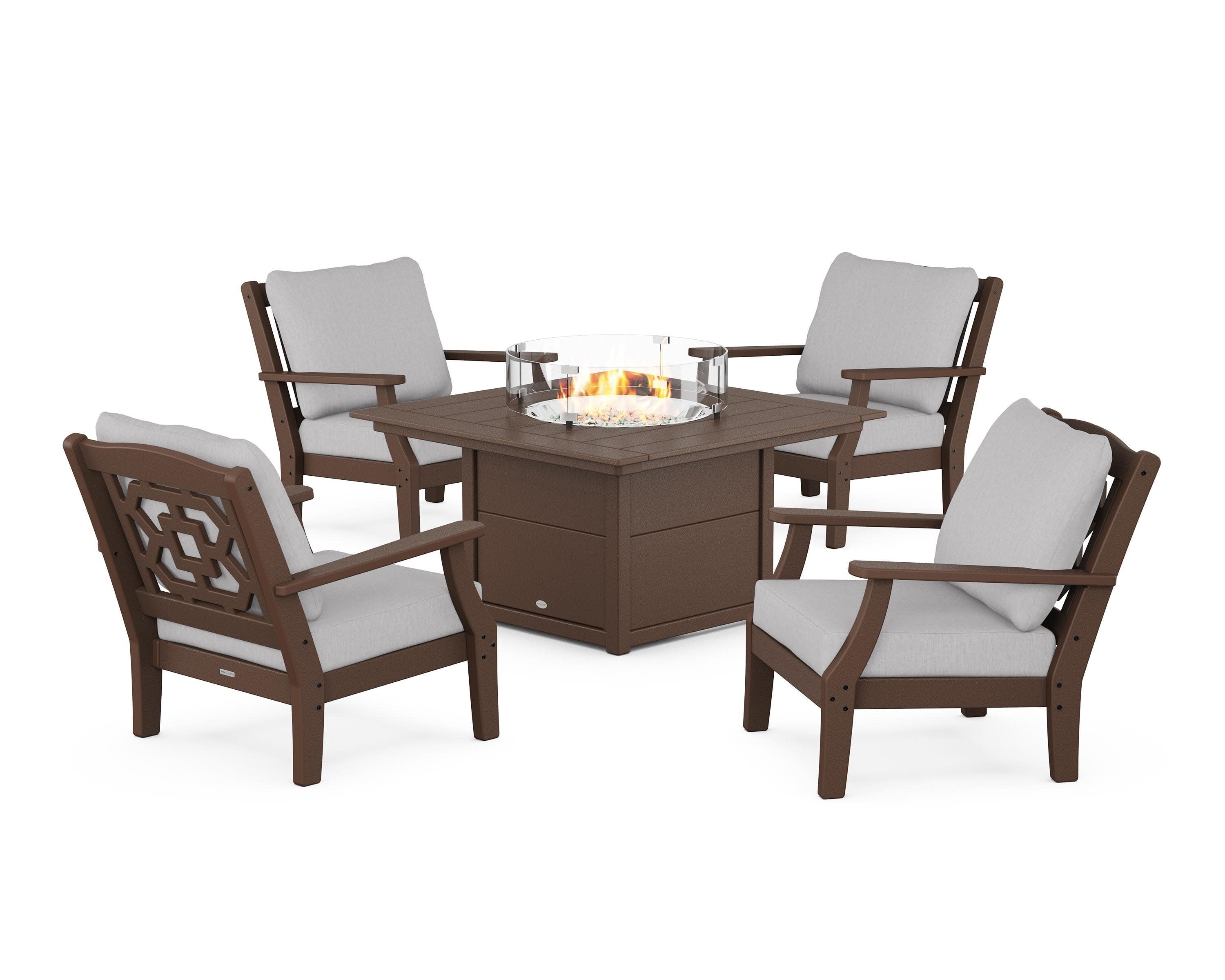 Chinoiserie 5-Piece Deep Seating Set with Fire Pit Table in Mahogany / Granite