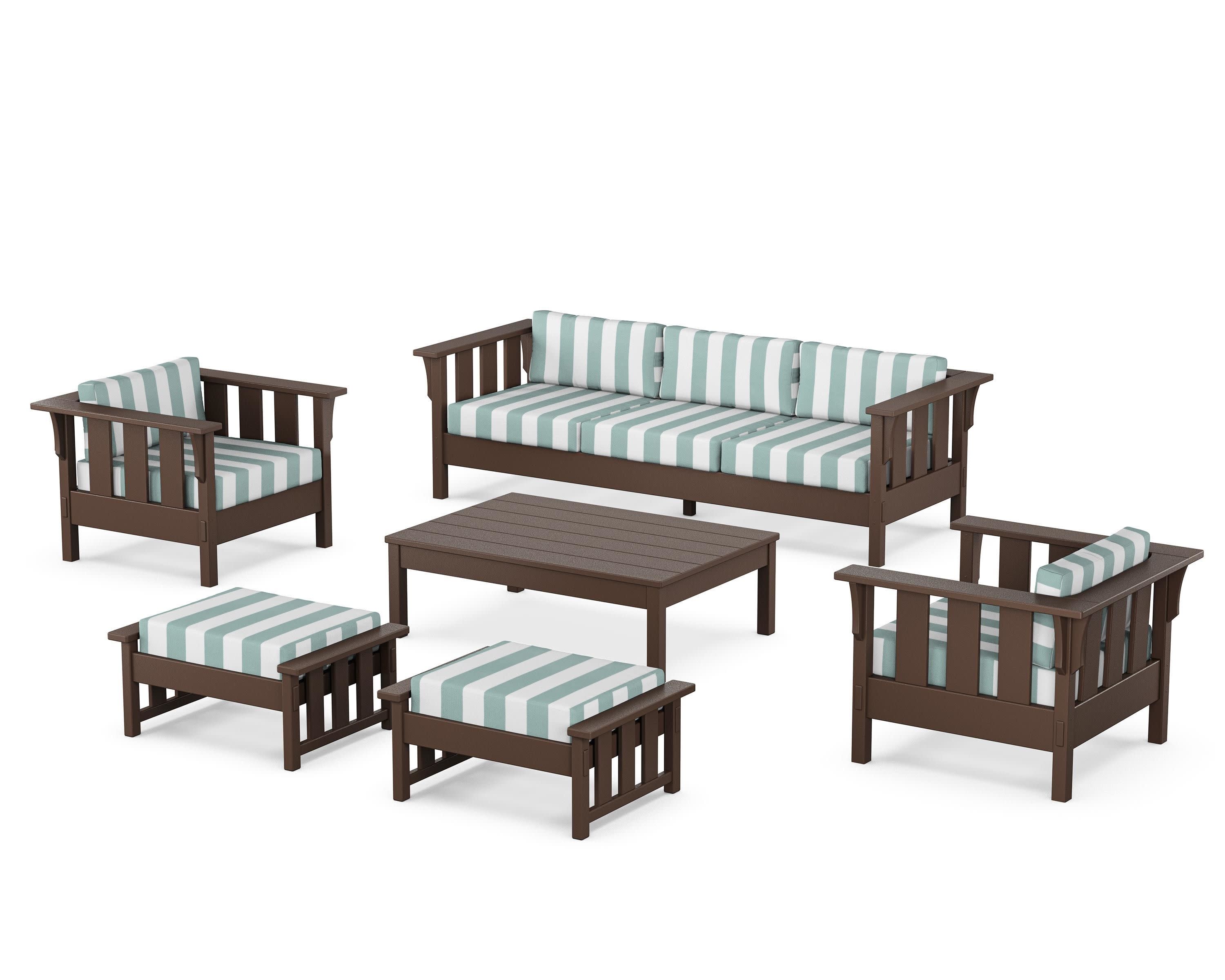 Acadia 6-Piece Lounge Sofa Set in Mahogany / Cabana Stripe Glacier Spa