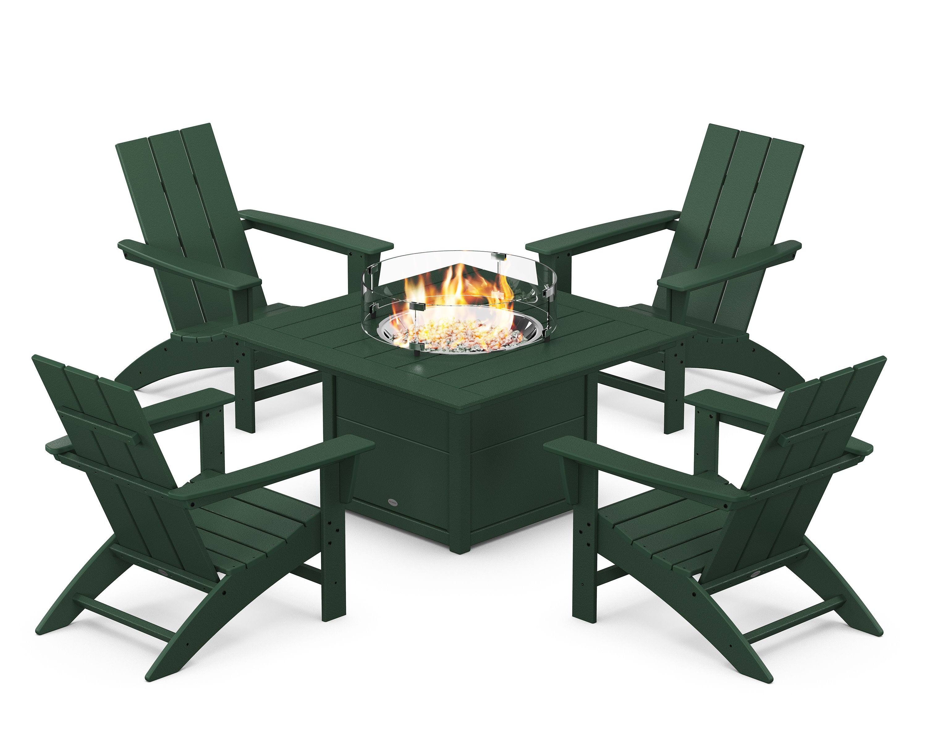 Modern 5-Piece Adirondack Chair Conversation Set with Fire Pit Table in Green