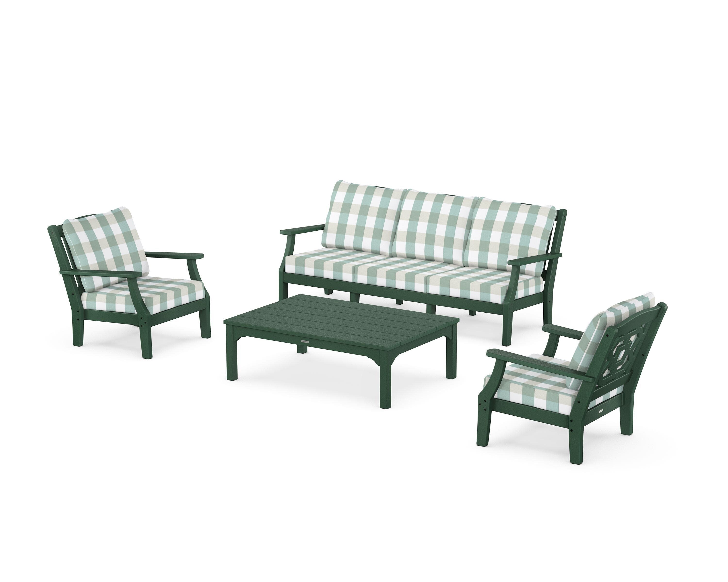 Chinoiserie 4-Piece Deep Seating Set with Sofa in Green / Buffalo Plaid Glacier Spa