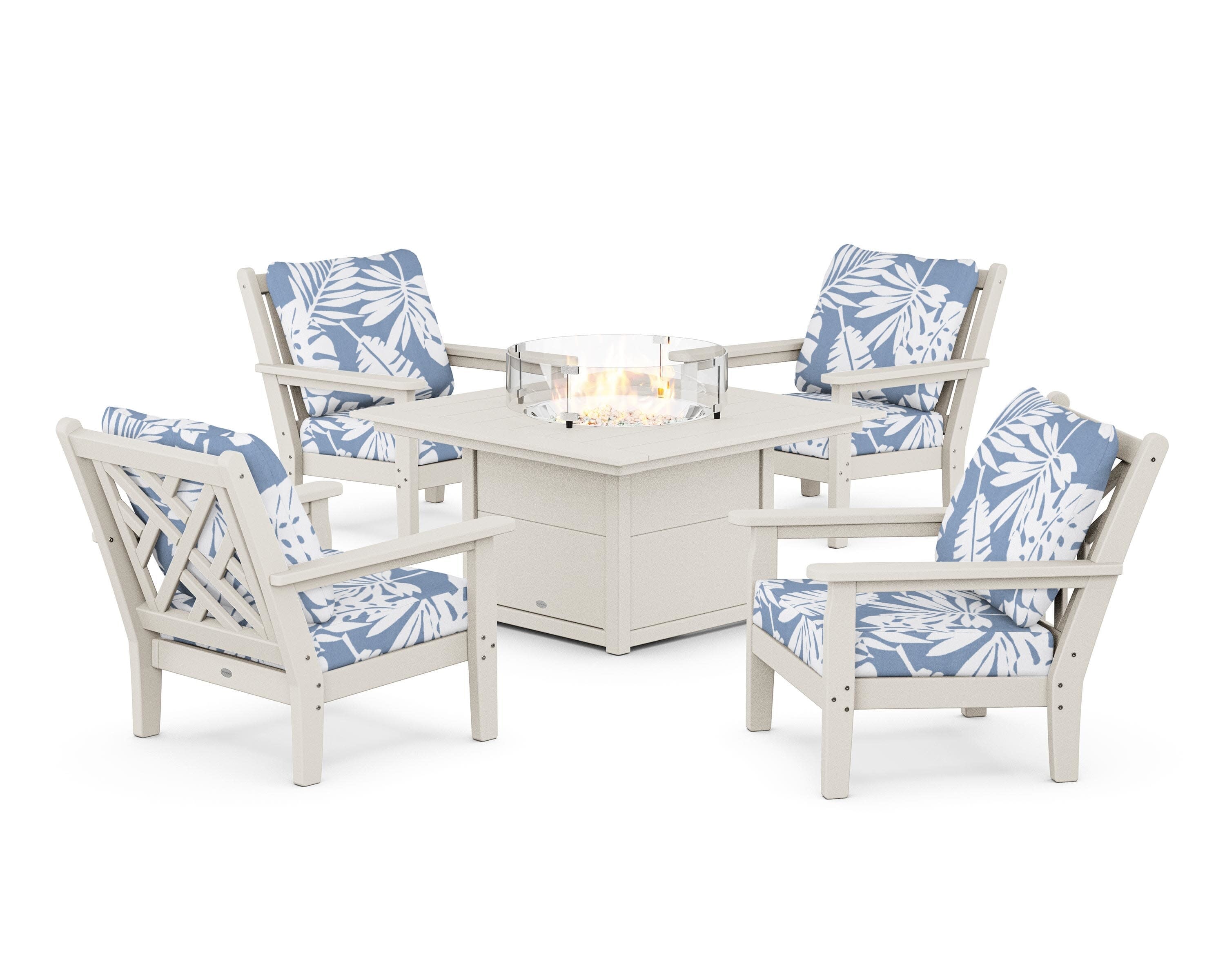 Chippendale 5-Piece Deep Seating Set with Fire Pit Table in Sand / Leaf Sky Blue