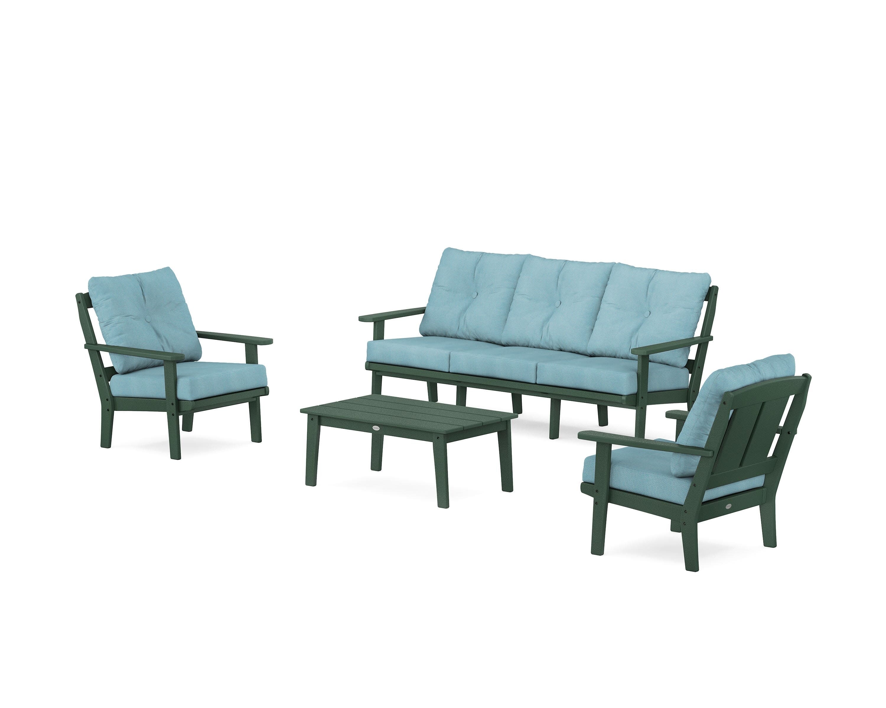 Mission 4-Piece Deep Seating Set with Sofa in Green / Lattice Sky Blue