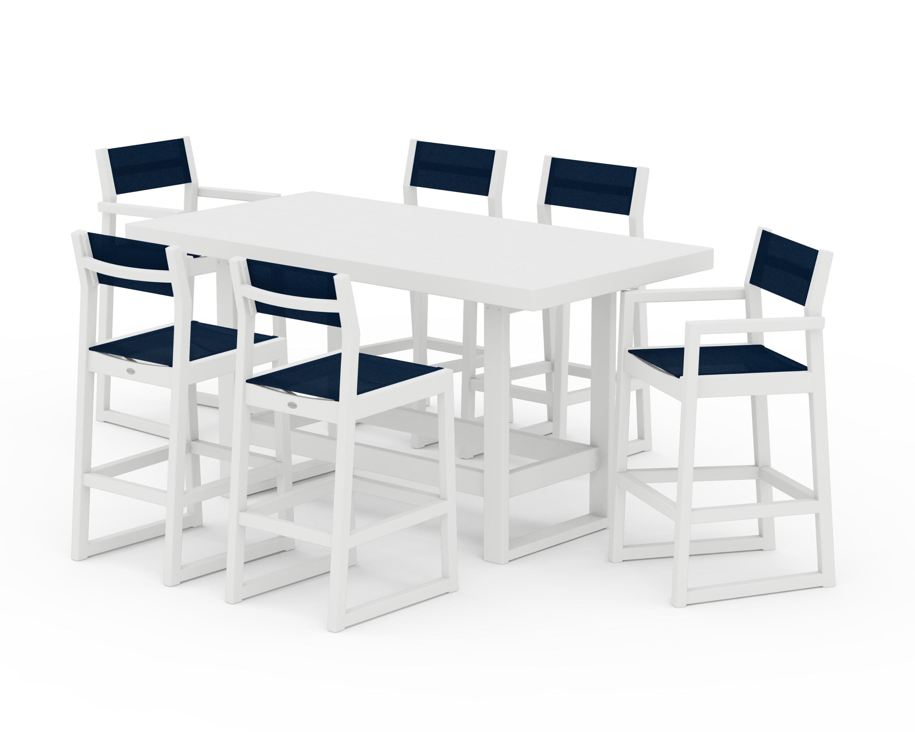 EDGE Sling 7-Piece Bar Table Set in White / Navy Blue Sling