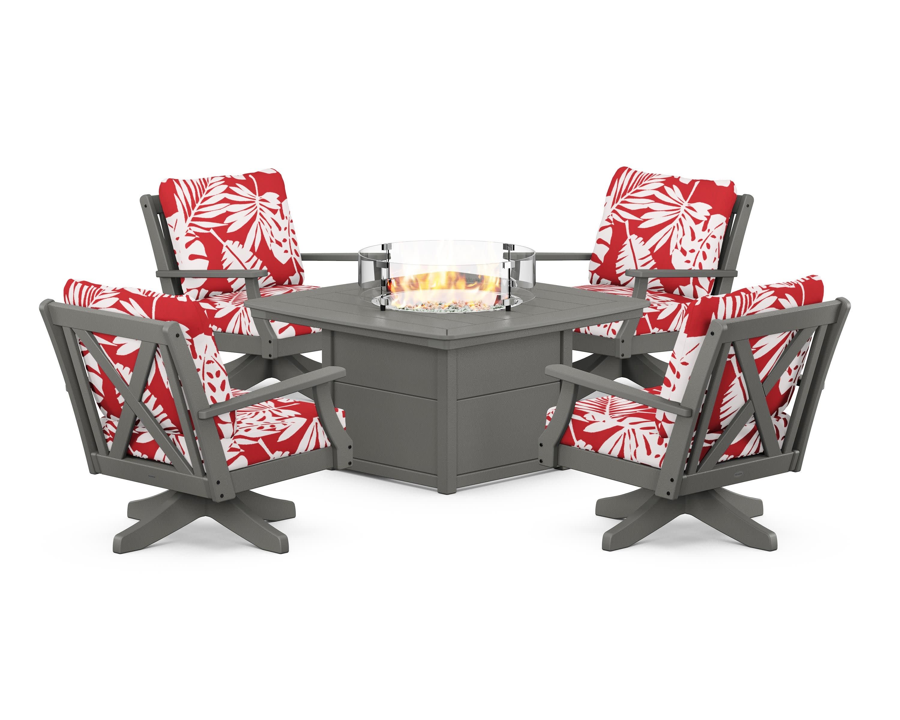 Braxton 5-Piece Deep Seating Swivel Conversation Set with Fire Pit Table in Slate Grey / Leaf Crimson