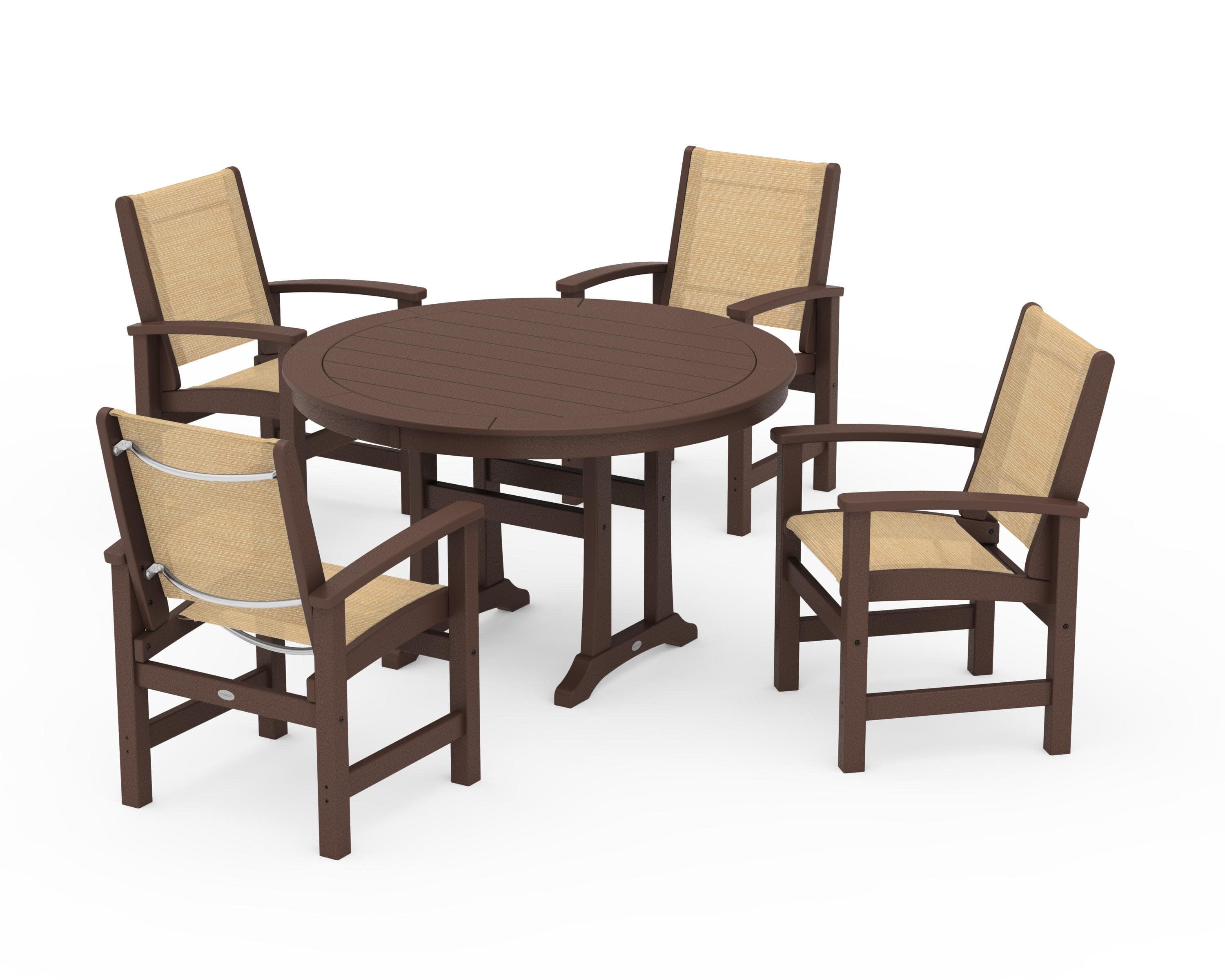 Coastal 5-Piece Round Dining Set with Trestle Legs in Mahogany / Dupioni Apricot Sling