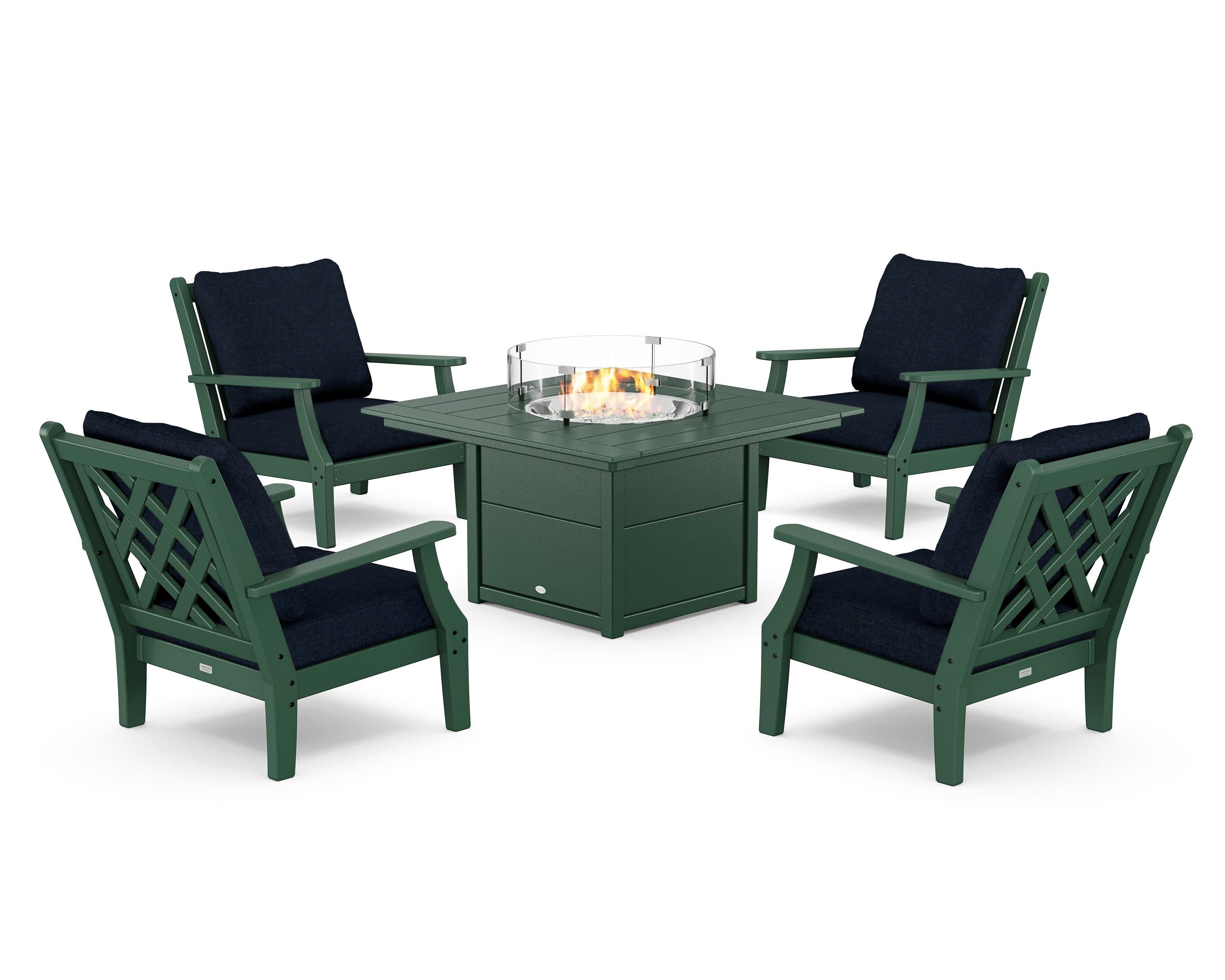 Wovendale 5-Piece Deep Seating Set with Fire Pit Table in Green / Marine Indigo