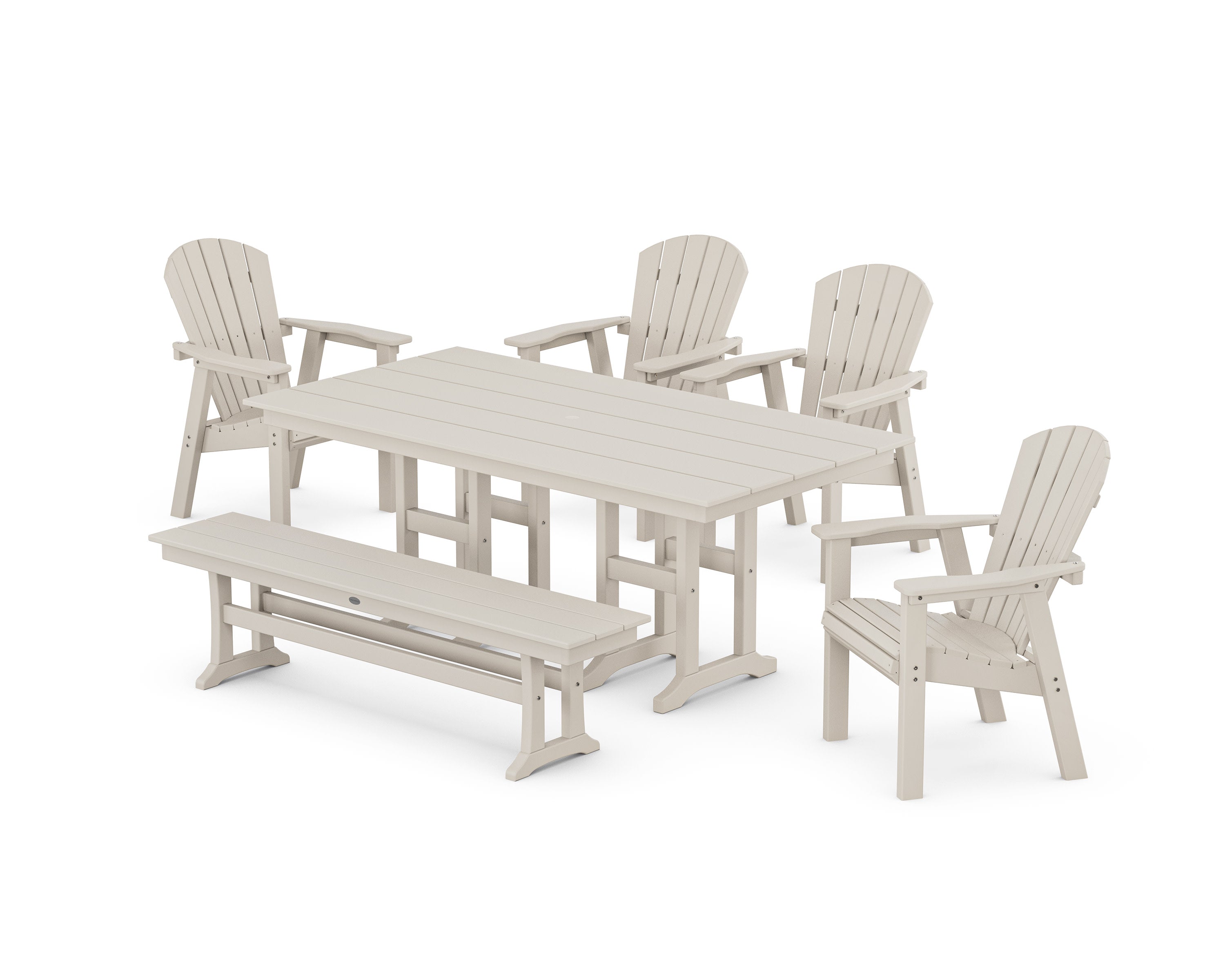 Seashell 6-Piece Farmhouse Dining Set with Bench in Sand