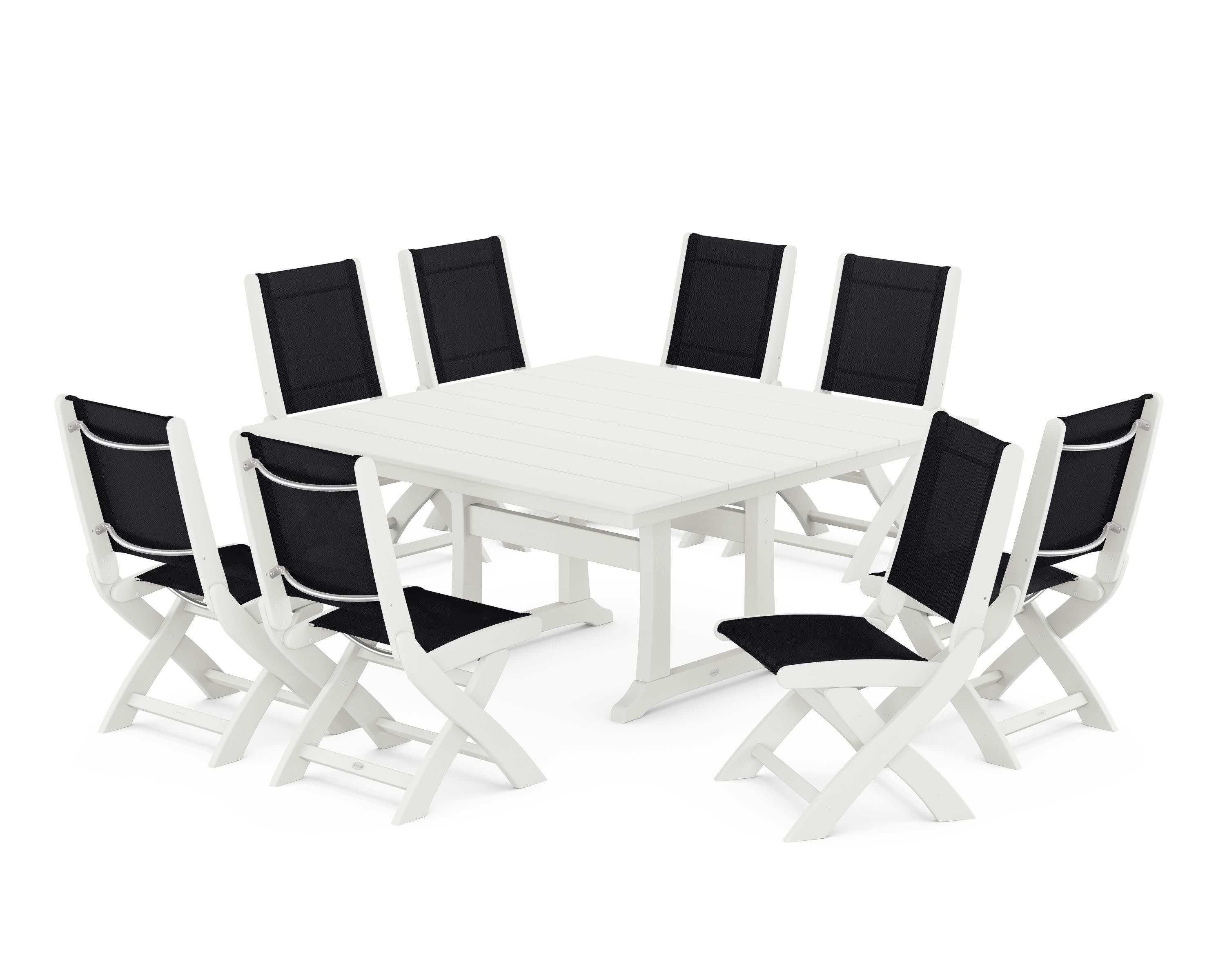 Coastal Folding Side Chair 9-Piece Farmhouse Dining Set in Vintage White / Black Sling