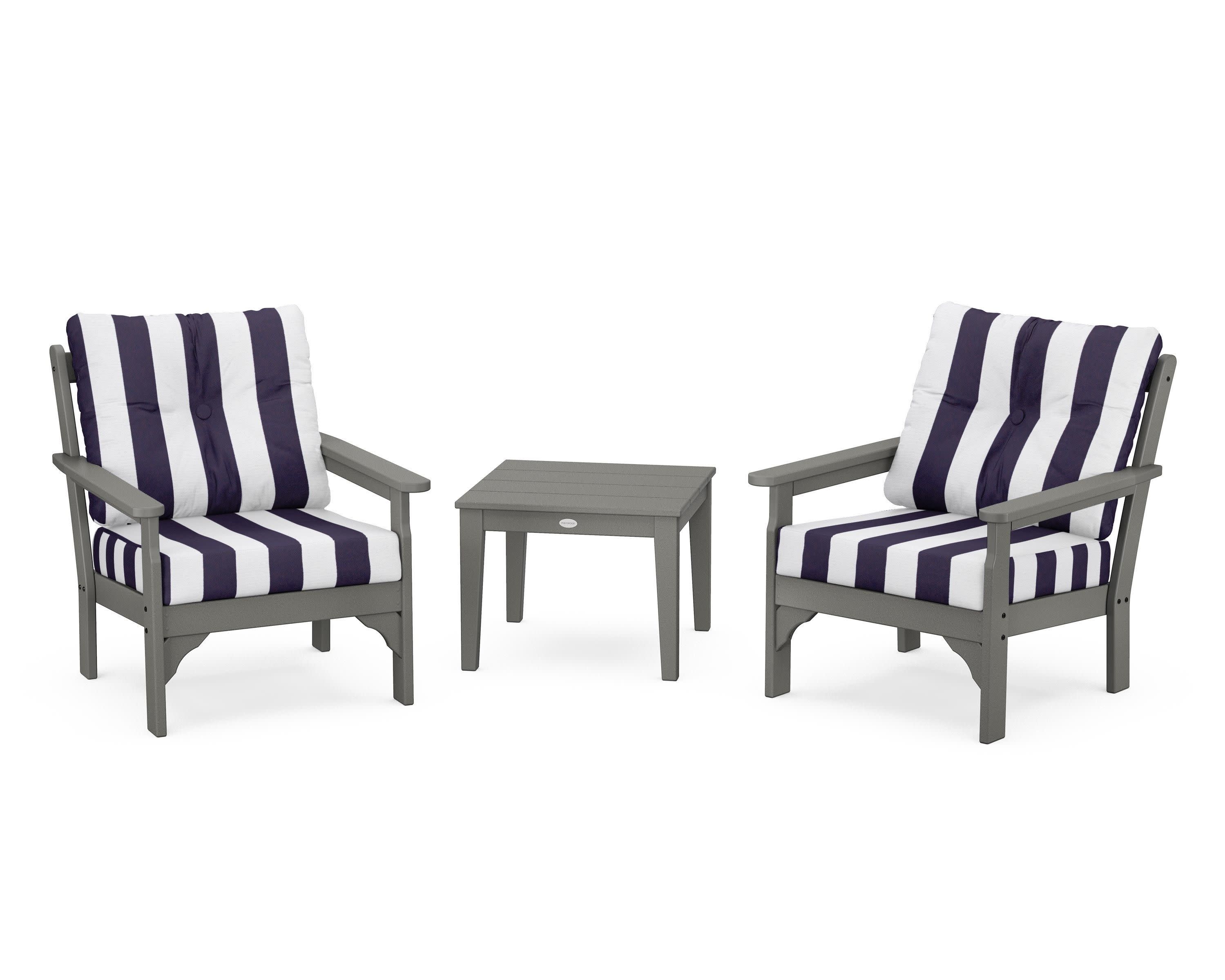 Vineyard 3-Piece Deep Seating Set in Slate Grey / Cabana Stripe Navy