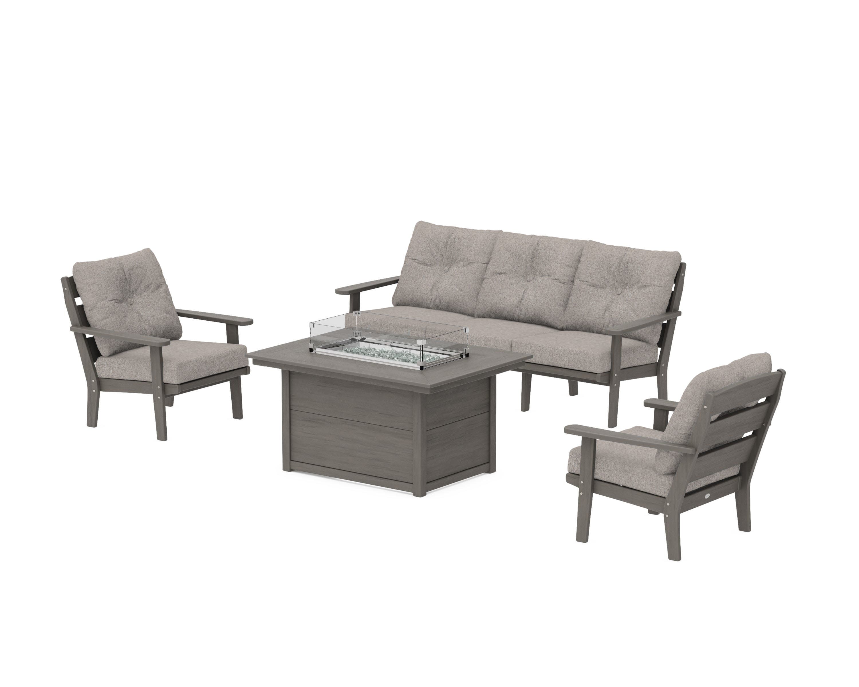 Lakeside Deep Seating Fire Pit Table Set in Driftwood / Weathered Tweed