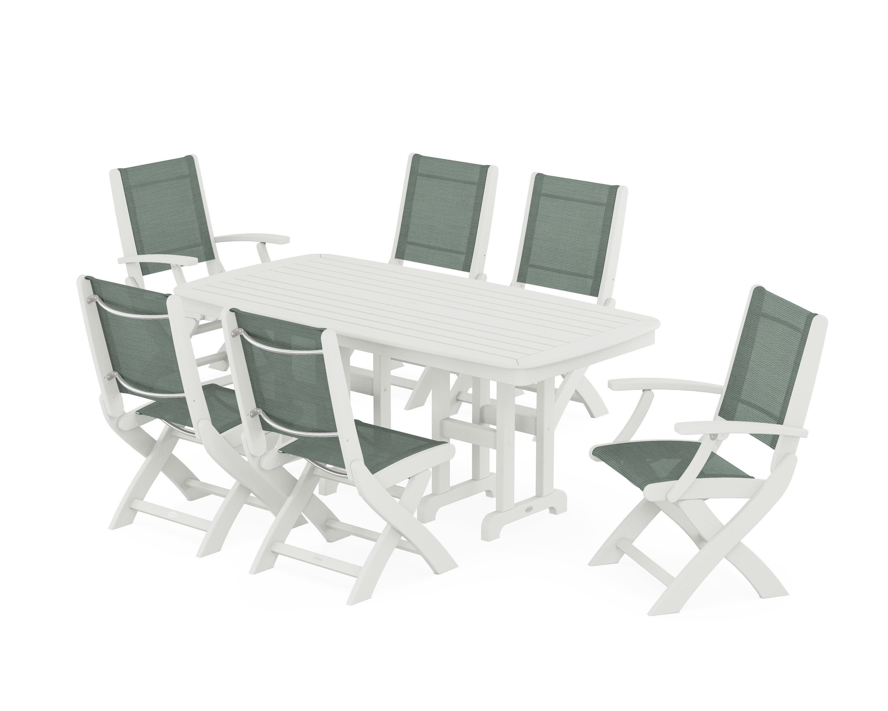 Coastal Folding Chair 7-Piece Dining Set in Vintage White / Dupioni Sea Mist Sling