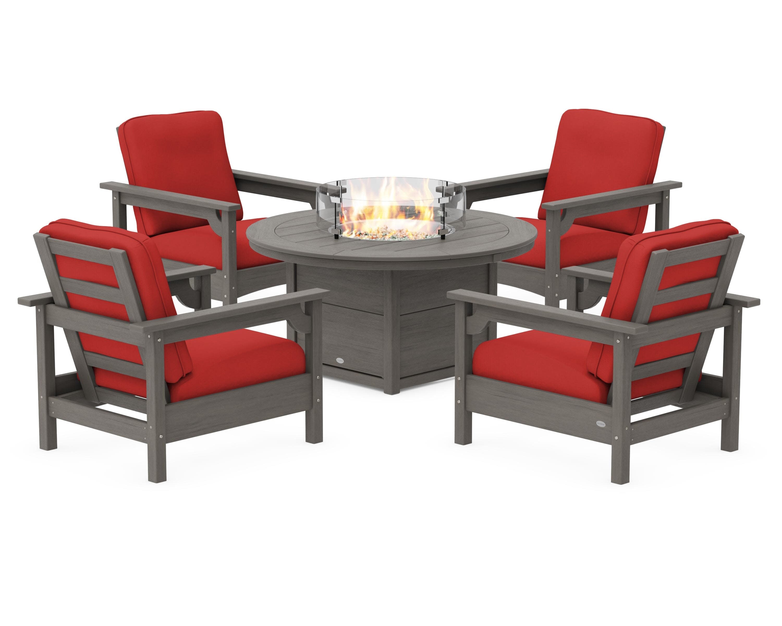 Club 5-Piece Conversation Set with Fire Pit Table in Driftwood / Crimson Linen
