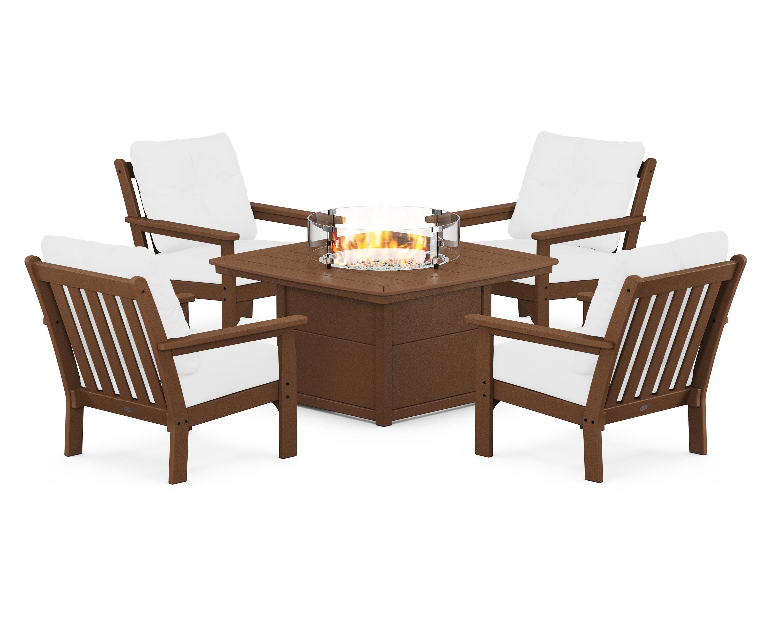 Vineyard 5-Piece Conversation Set with Fire Pit Table in Teak / Natural