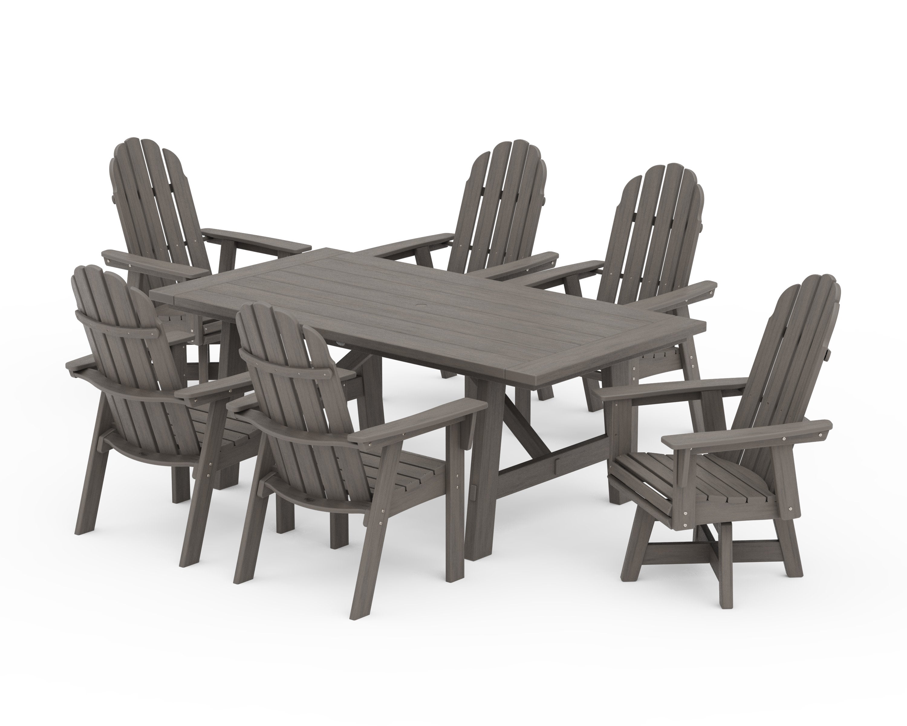 Vineyard Curveback Adirondack Swivel Chair 7-Piece Rustic Farmhouse Dining Set in Driftwood