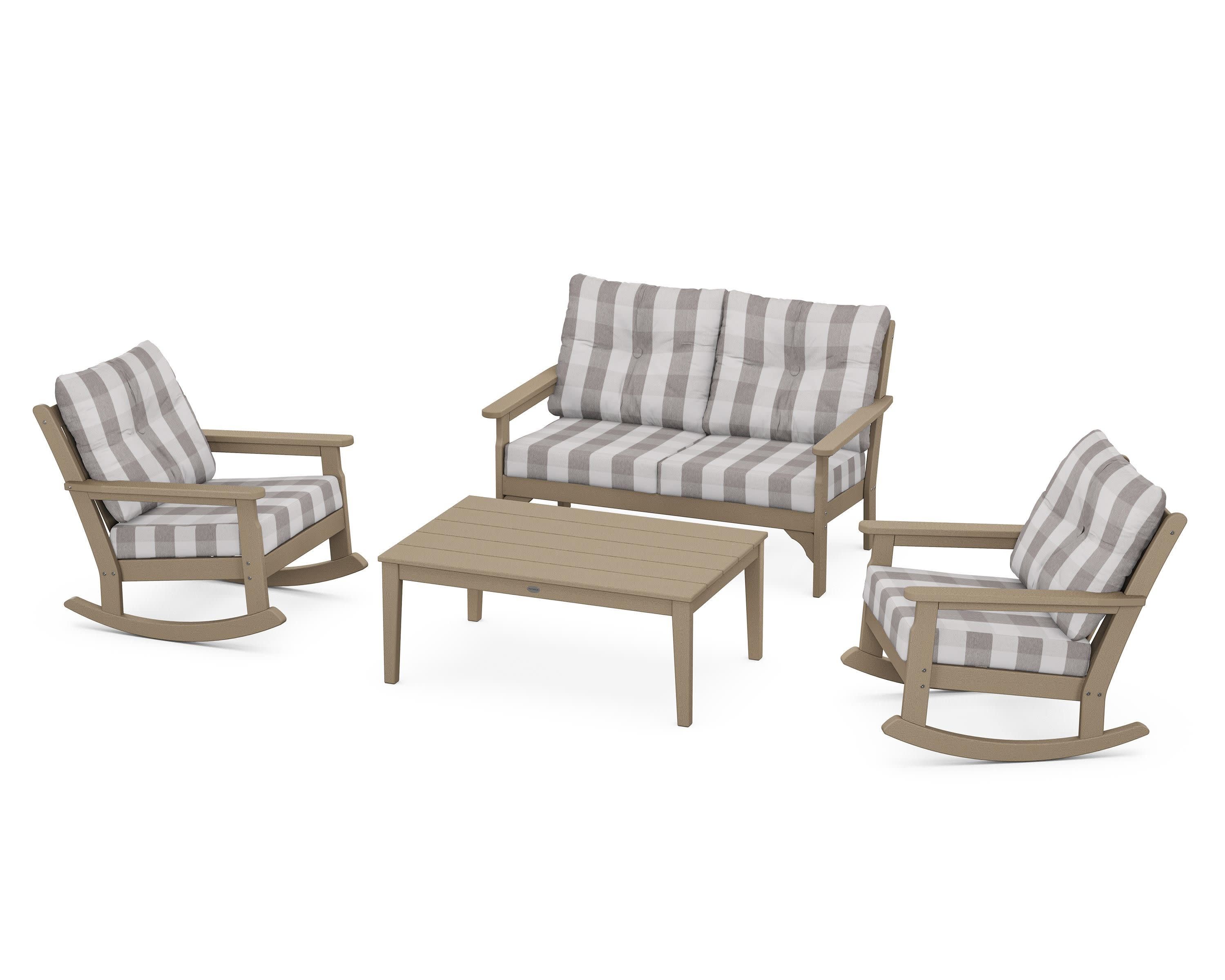 Vineyard 4-Piece Deep Seating Rocking Chair Set in Vintage Sahara / Buffalo Plaid Grey Mist