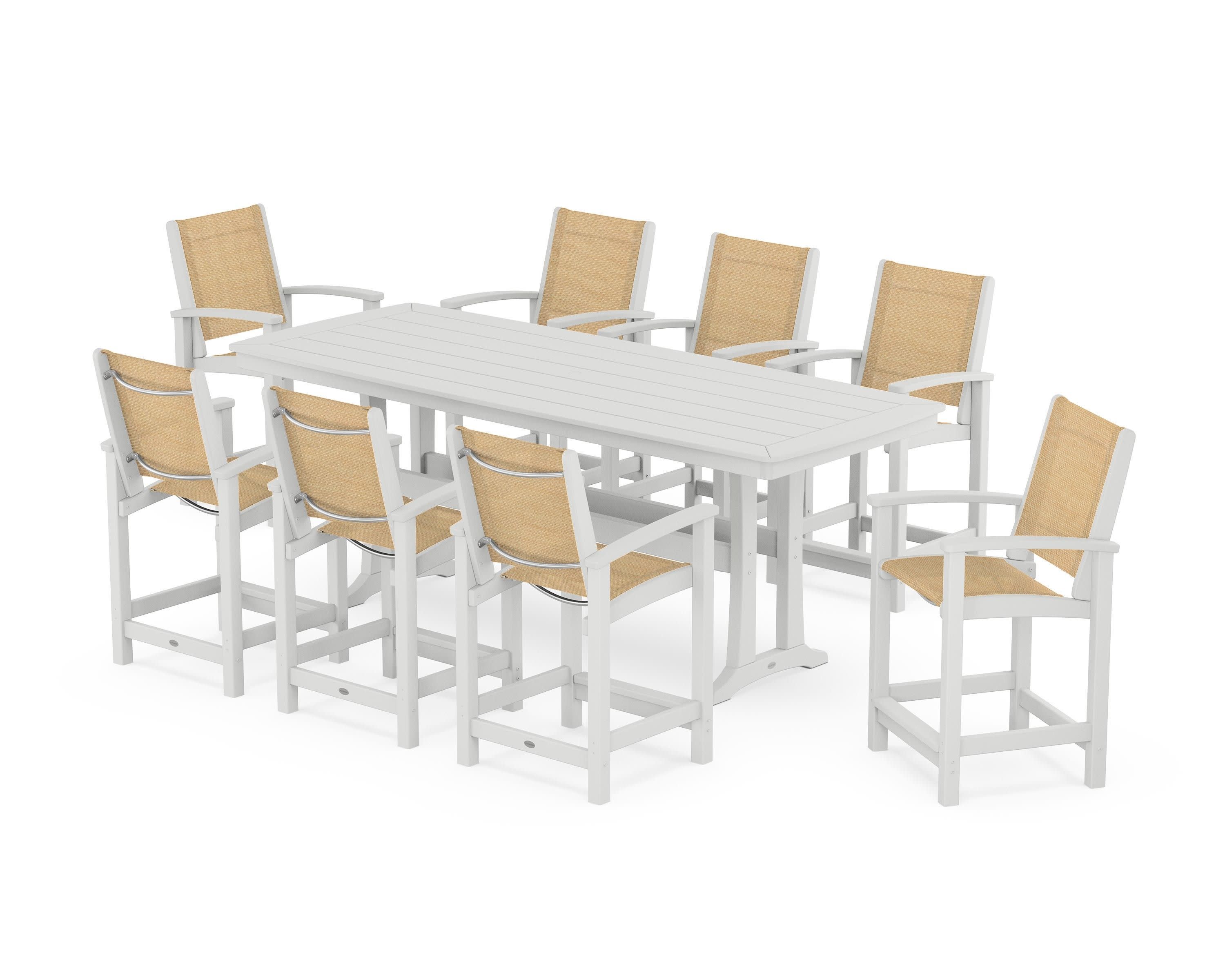 Coastal 9-Piece Counter Set with Trestle Legs in White / Dupioni Apricot Sling