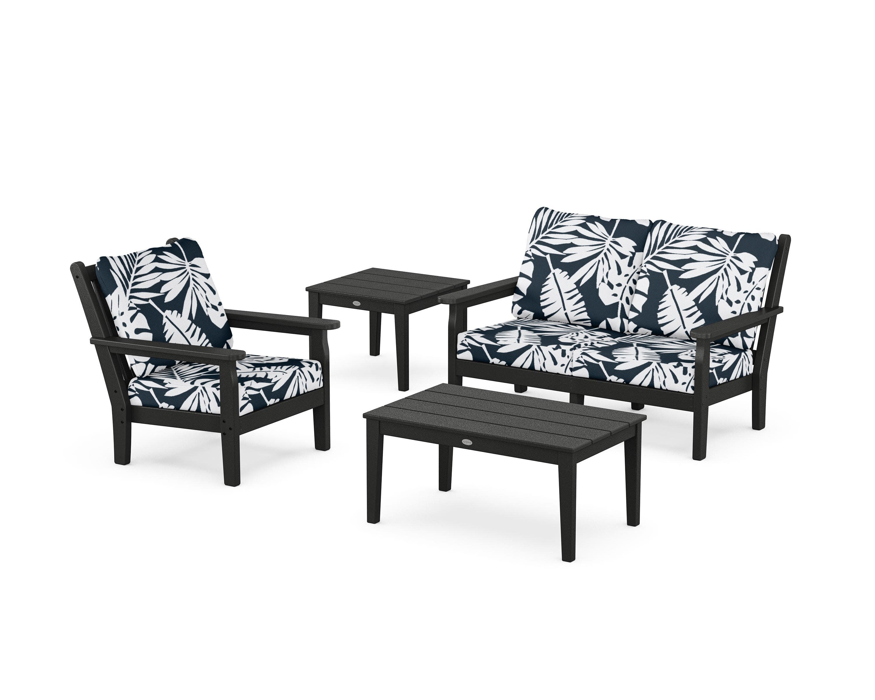 Chippendale 4-Piece Deep Seating Set in Black / Leaf Marine Indigo