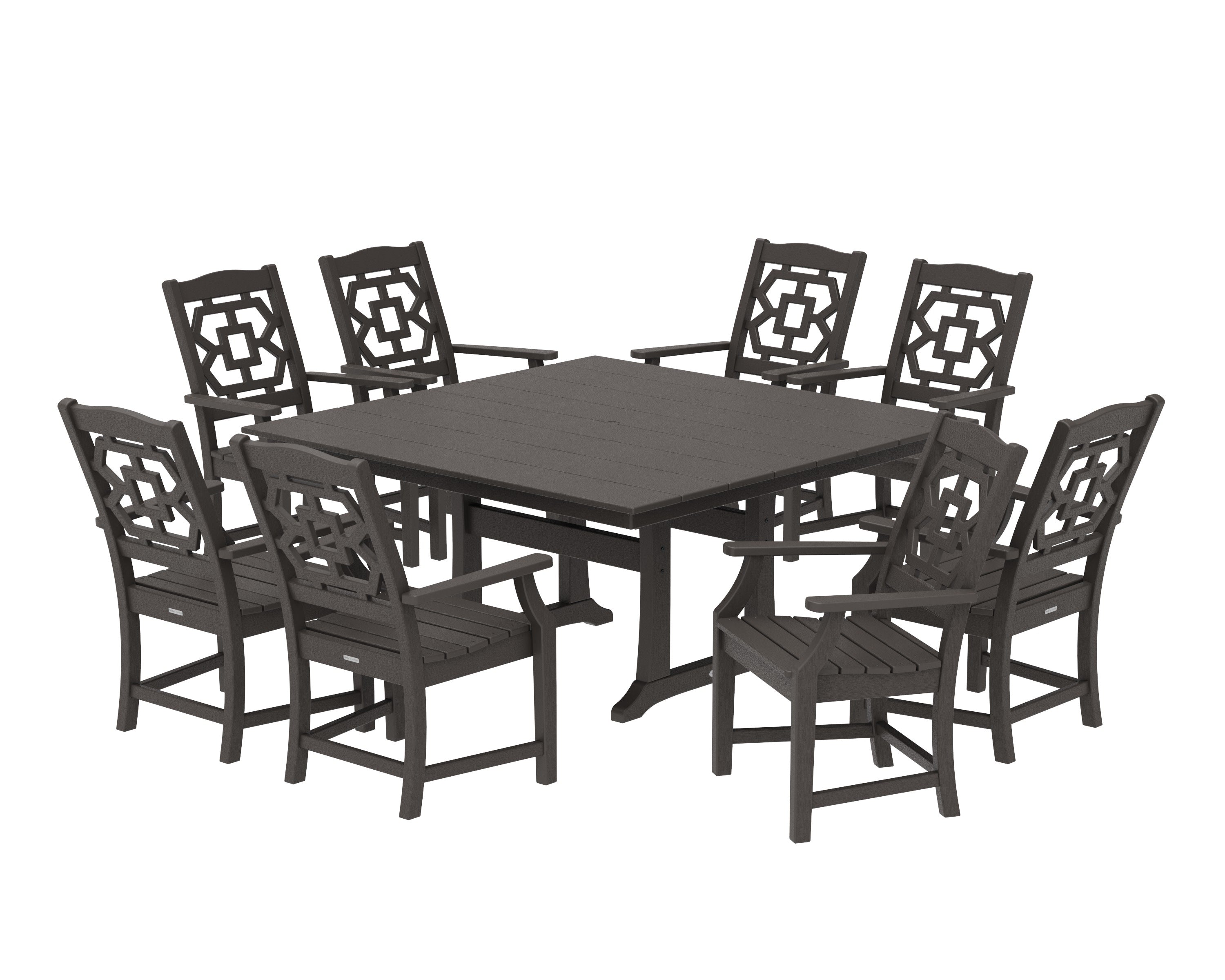 Chinoiserie 9-Piece Square Farmhouse Dining Set with Trestle Legs in Vintage Coffee