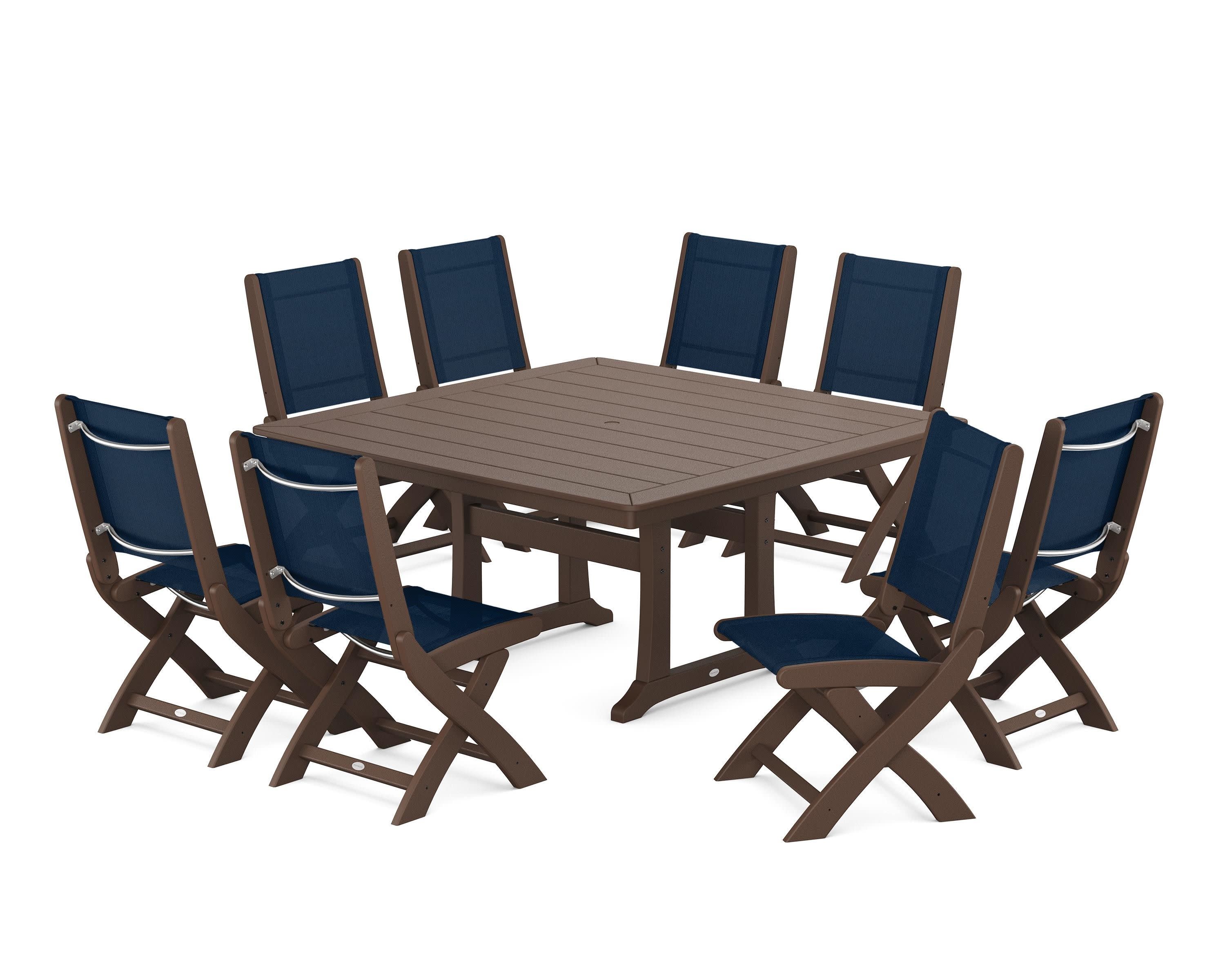 Coastal Folding Side Chair 9-Piece Dining Set with Trestle Legs in Mahogany / Navy Blue Sling