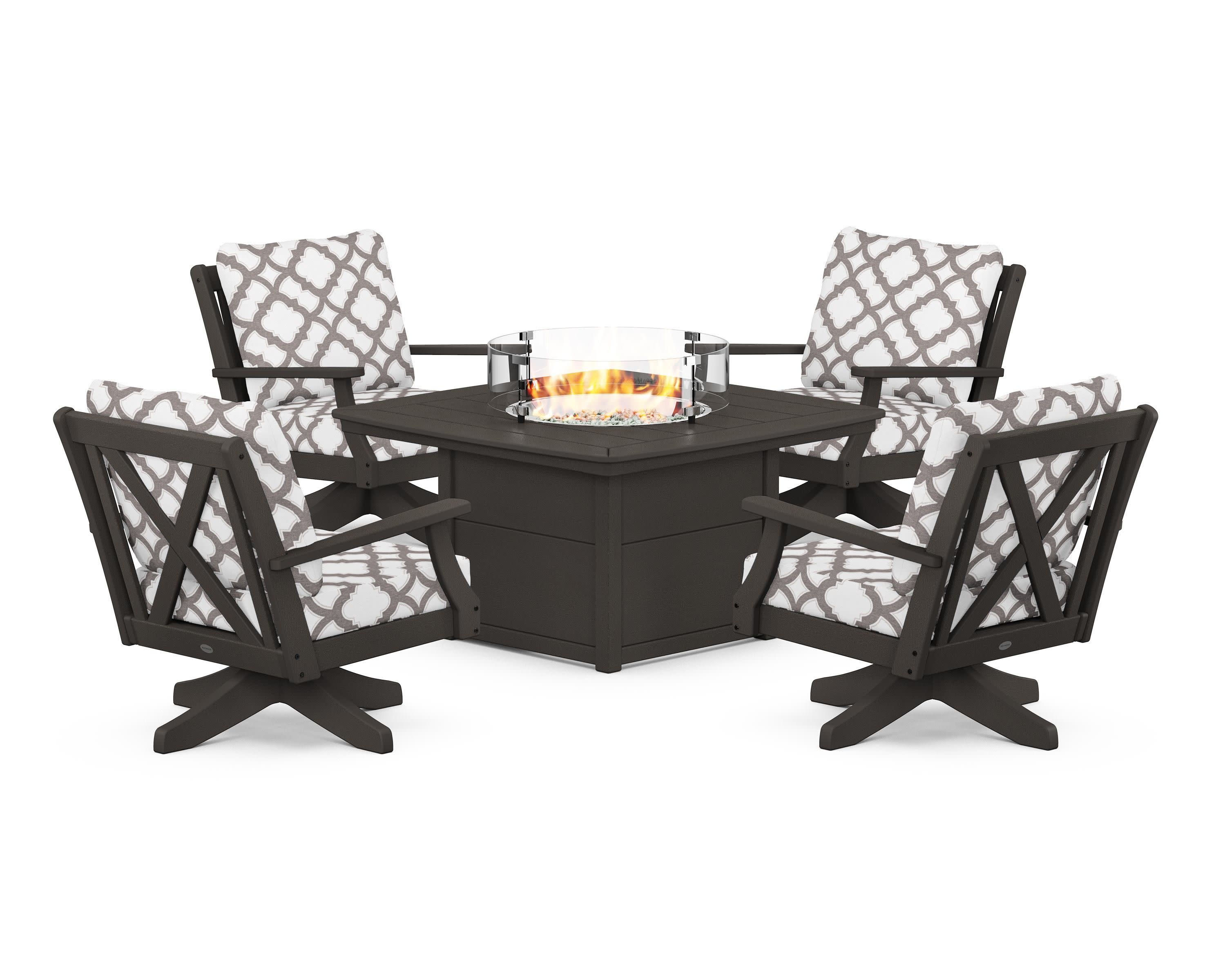 Braxton 5-Piece Deep Seating Swivel Conversation Set with Fire Pit Table in Vintage Coffee / Trellis Grey Mist