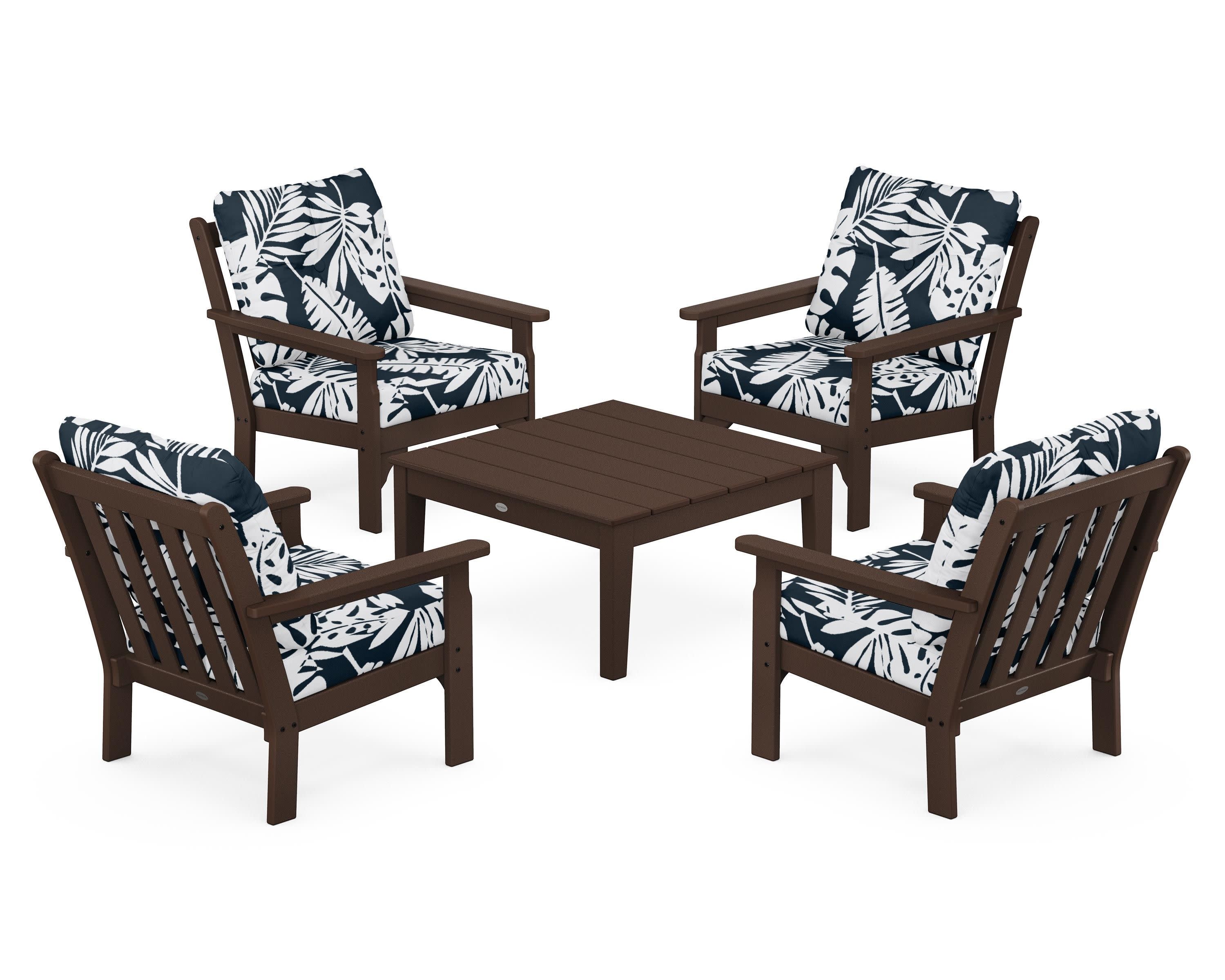 Vineyard 5-Piece Deep Seating Conversation Set in Mahogany / Leaf Marine Indigo