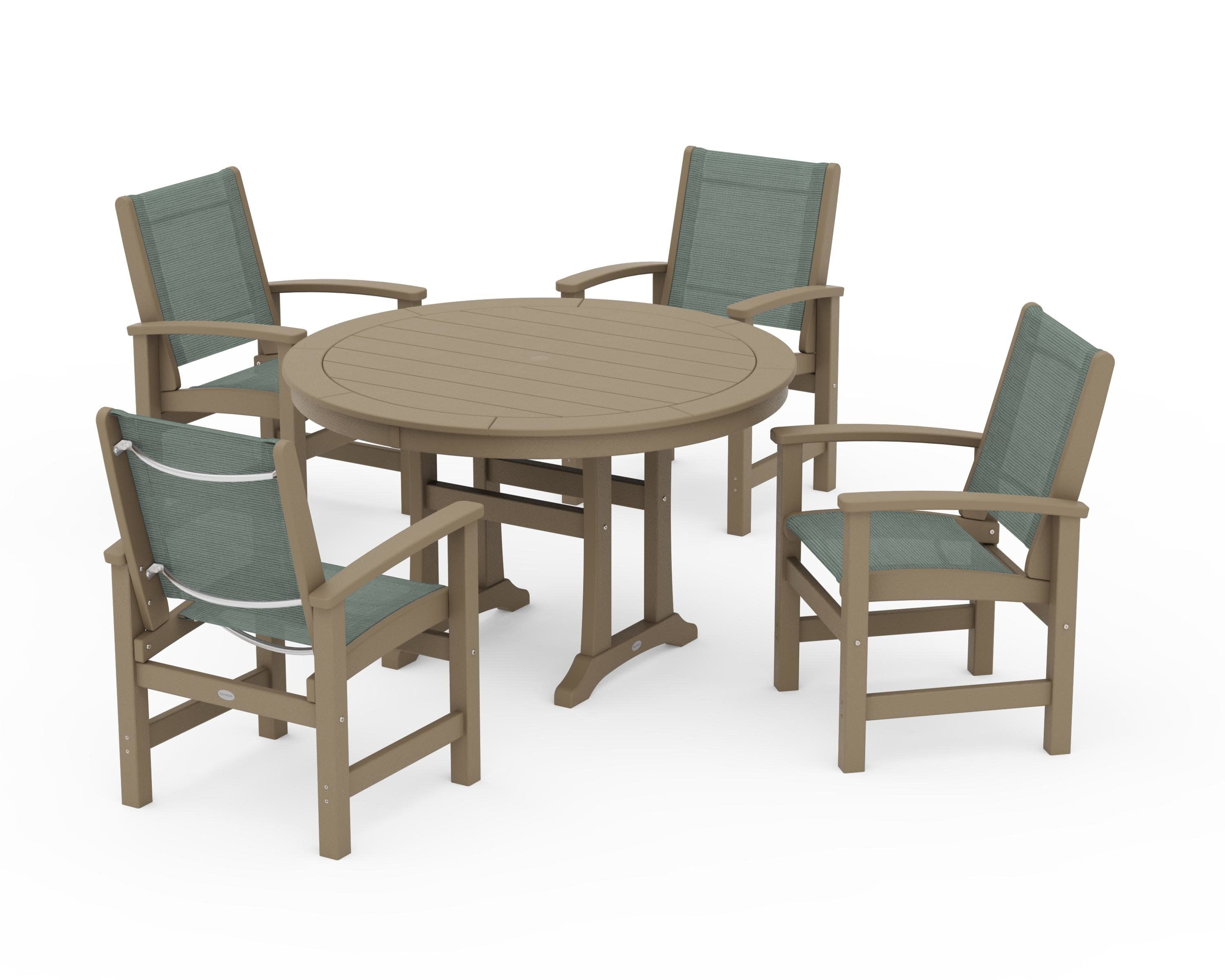 Coastal 5-Piece Round Dining Set with Trestle Legs in Vintage Sahara / Dupioni Sea Mist Sling